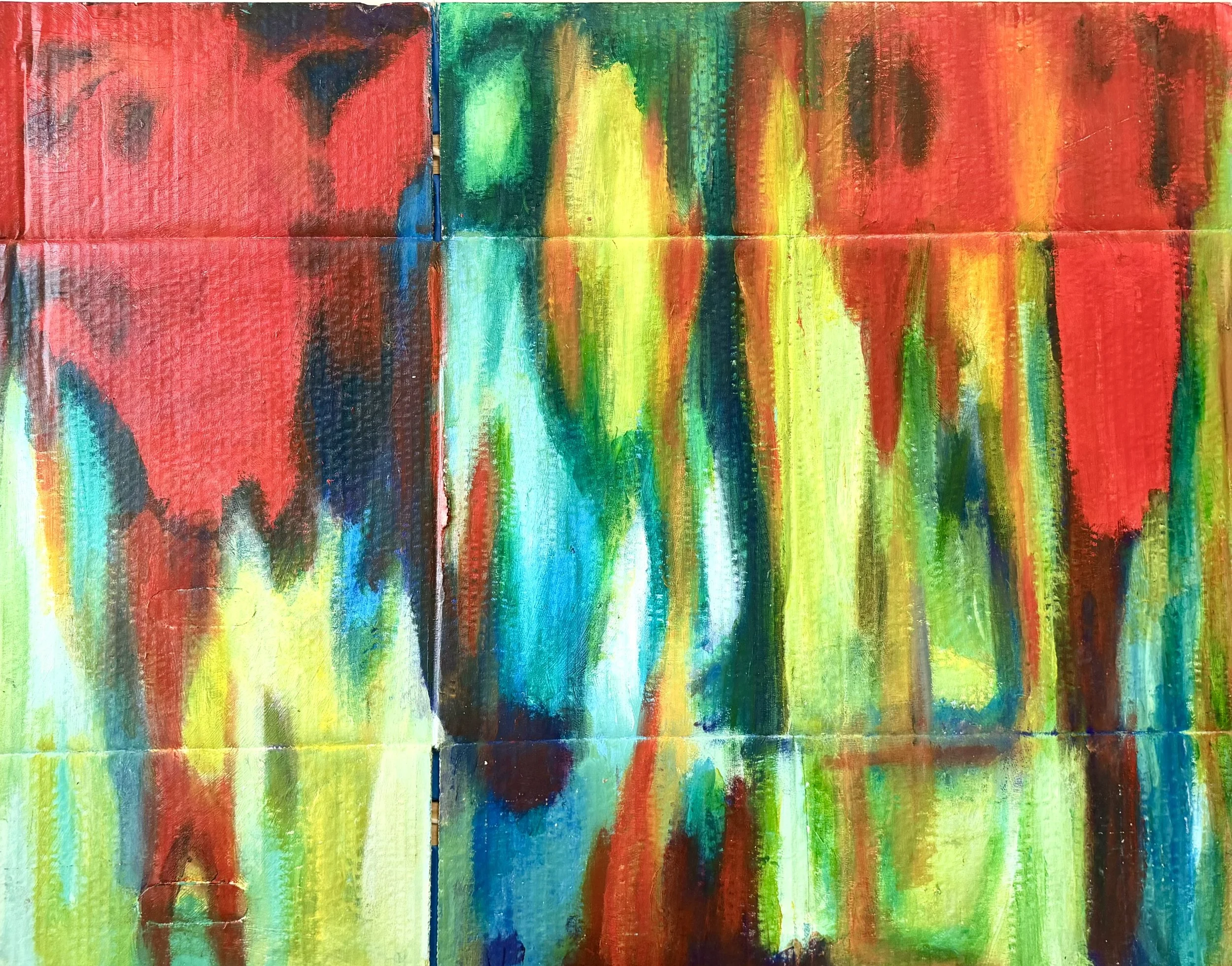 Abstract colorful painting with red, yellow, green, blue, and black strokes on paper napkins.