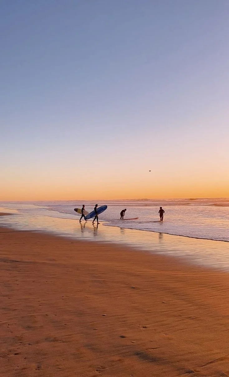 People surfing and wading in the ocean at sunset on a sandy beach.