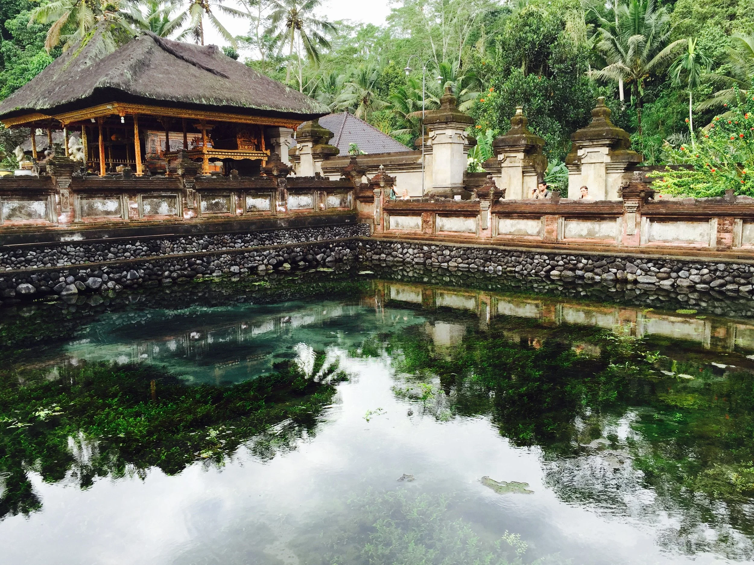 Serene Balinese temple pool with turquoise waters and ornate stone architecture; inspiration for a mind body psychotherapist.