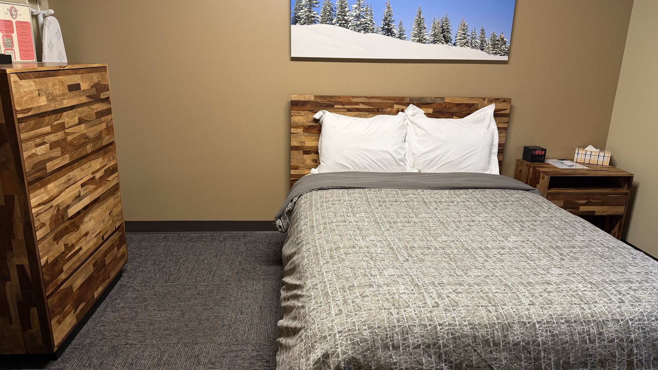 A hotel room with a bed, wooden dresser, and nightstand. The bed has white pillows, a gray blanket, and a patterned bedspread. A painting of snow-covered trees hangs above the bed. The nightstand holds a clock, tissues, and some papers. The dresser h