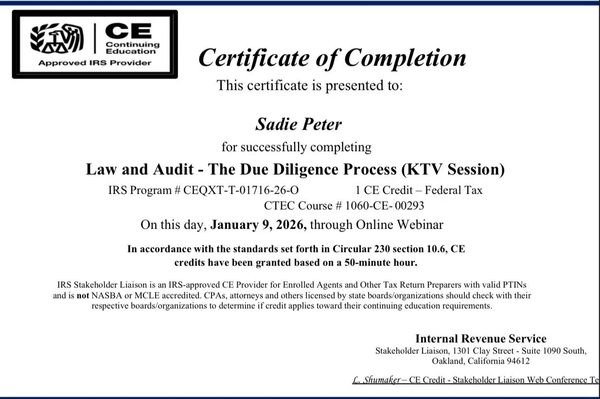 Certificate of completion awarded to Sadie Peter for the Law and Audit - The Due Diligence Process (KTV Session), January 9, 2026, online webinar, issued by the Internal Revenue Service, Stakeholder Liaison, Oakland, California.