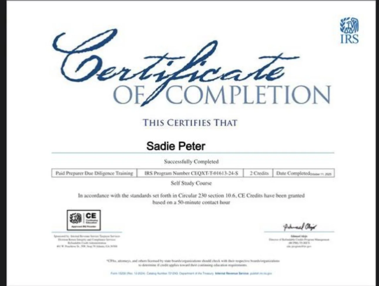 Certificate of completion awarded to Sadie Peter for a self-study course in IRS Program Number CEXXT-7-0613-24-S, earned 2 credits, completed on October 19, 2005.