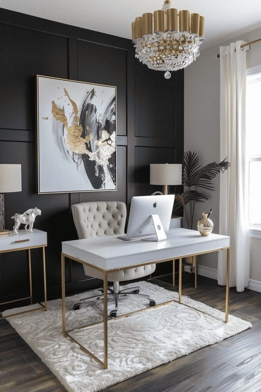 Modern home office with white desk, tufted beige chair, black paneled accent wall, abstract black and gold artwork, gold chandelier, white curtains, lamp, decorative vase, and plant.