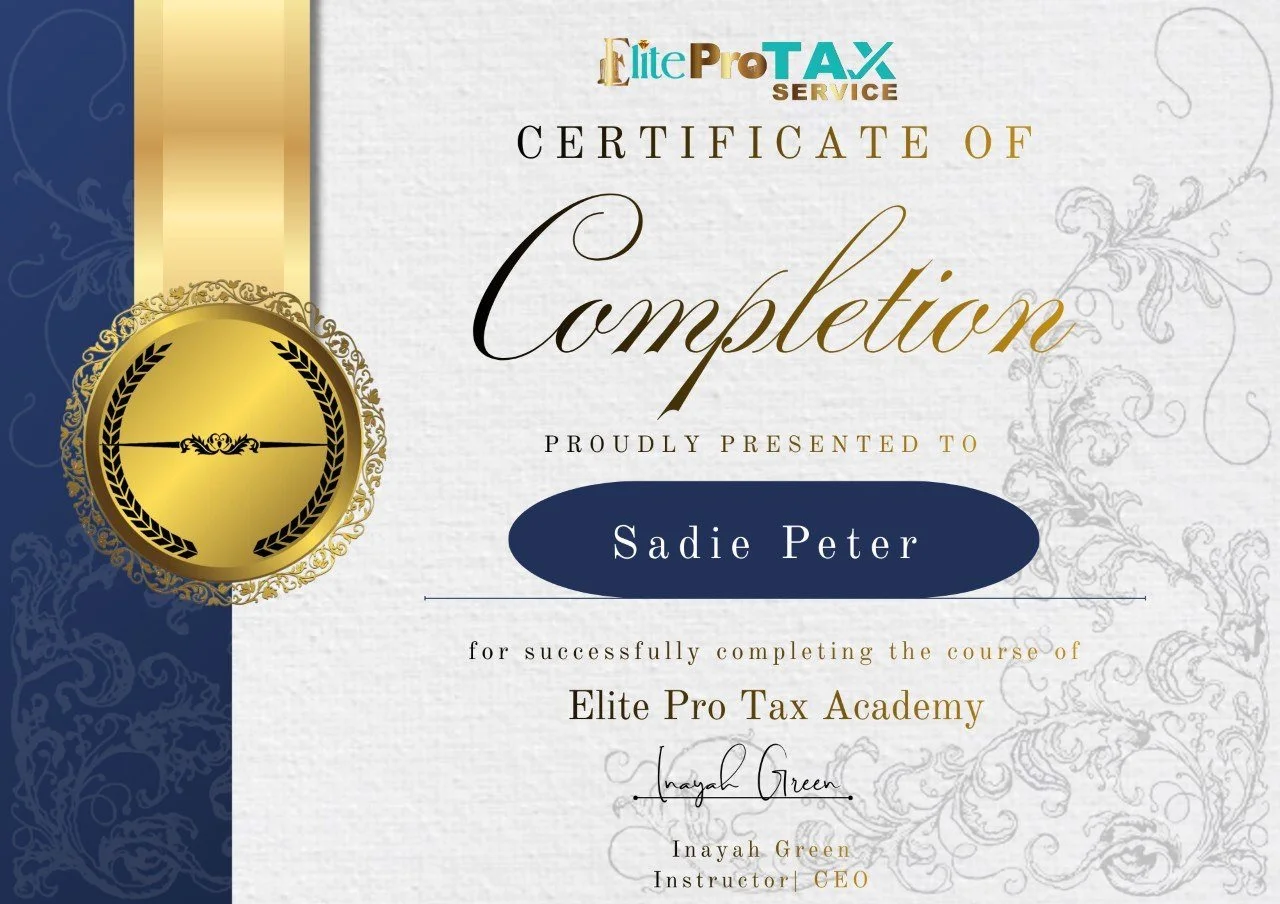 Certificate of completion awarded to Sadie Peter for the Elite Pro Tax Academy course, signed by Inayah Green, CEO.