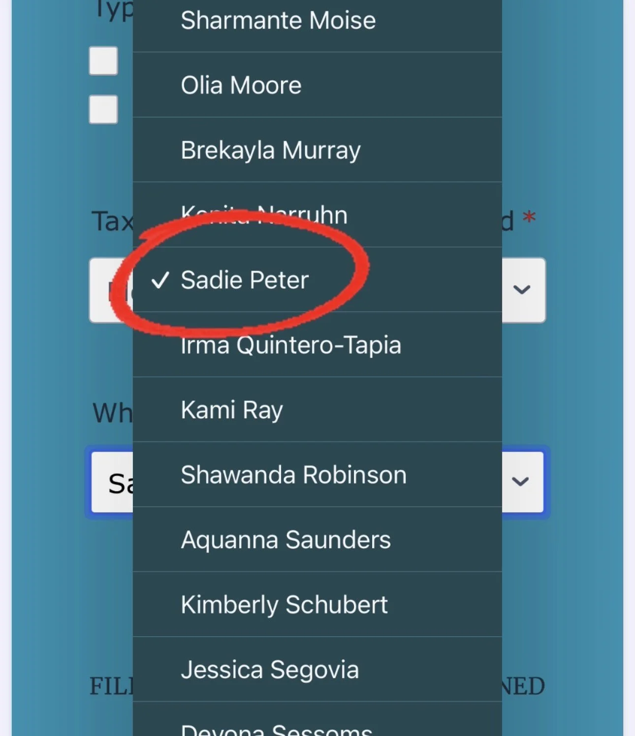 A dropdown menu on a computer screen displaying a list of names with Sadie Peter selected, indicated by a checkmark and red circle around the name.