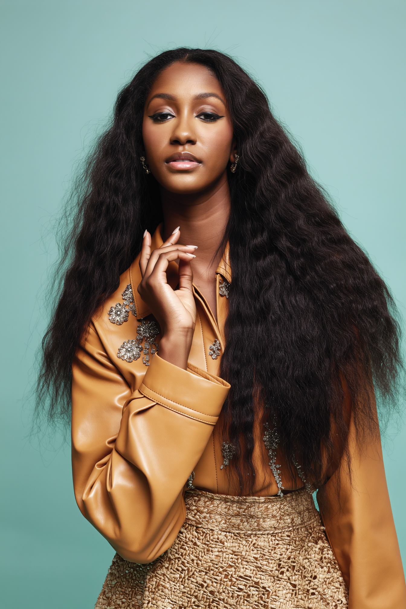 Portrait of a woman with long, curly dark hair, wearing a beige satin blouse with embellishments and a textured beige skirt, posing against a mint green background.