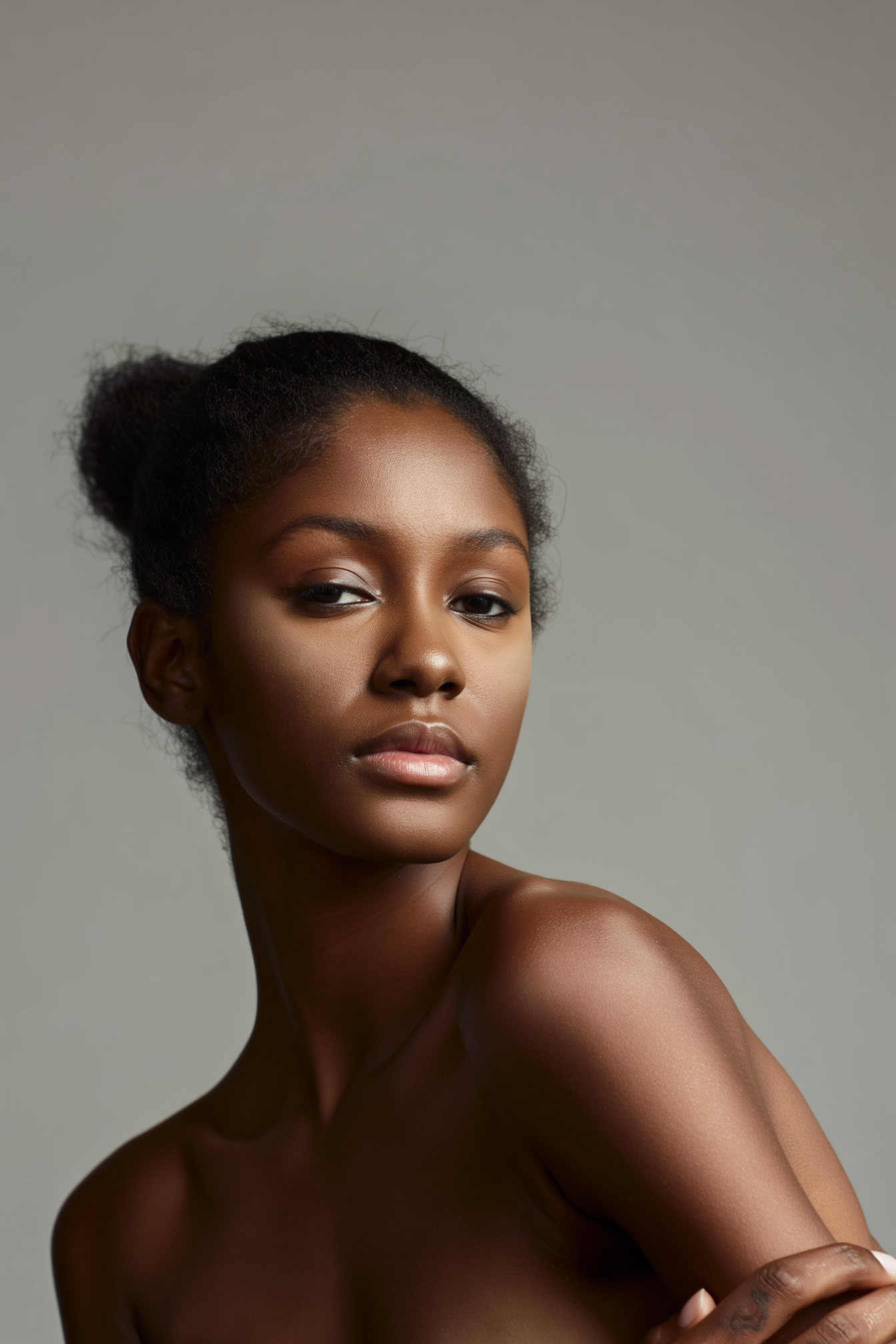 Portrait of a young woman with natural hair, looking at the camera against a plain background.