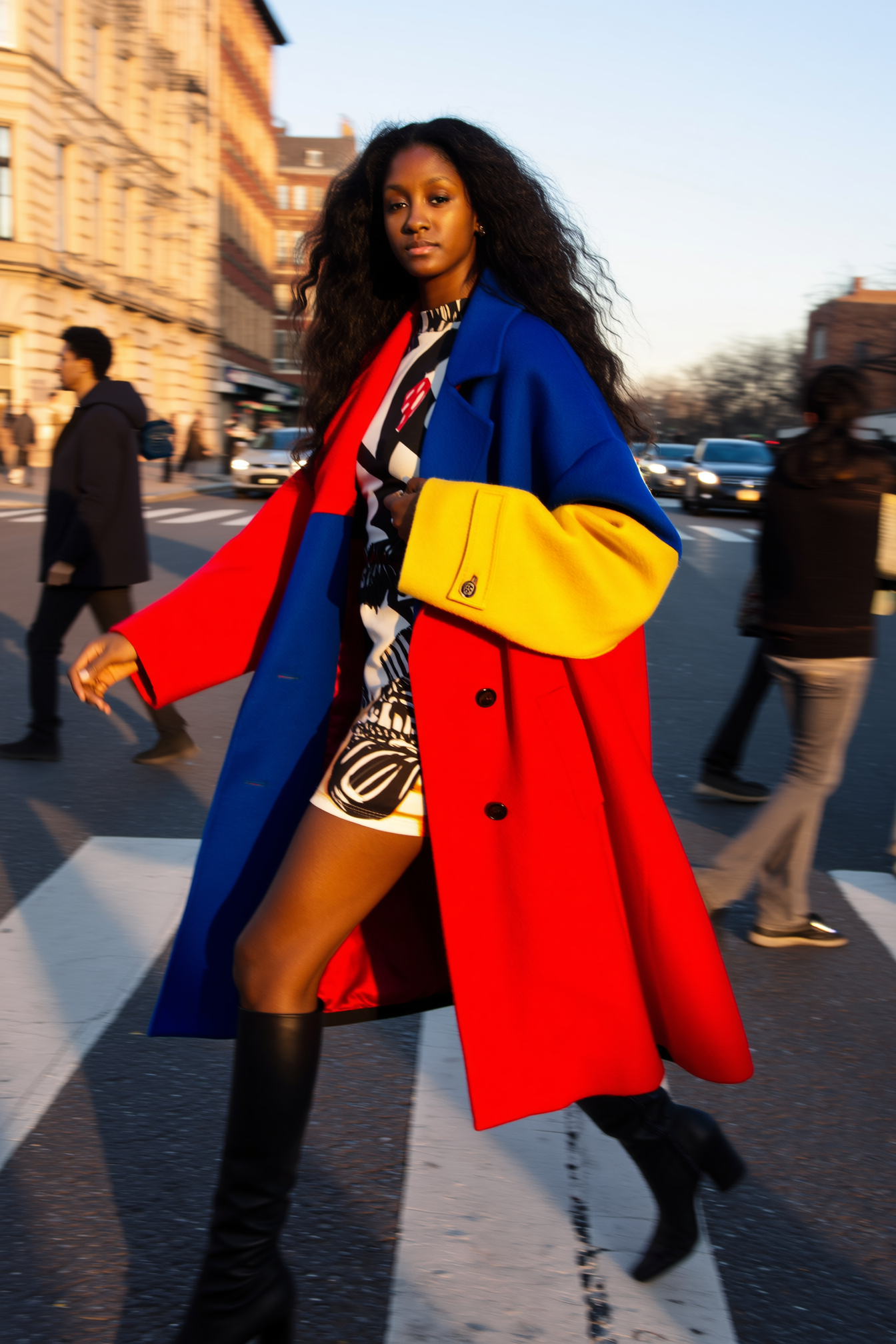 A woman crossing a city street during sunset, wearing a colorful coat, patterned dress, and black boots.