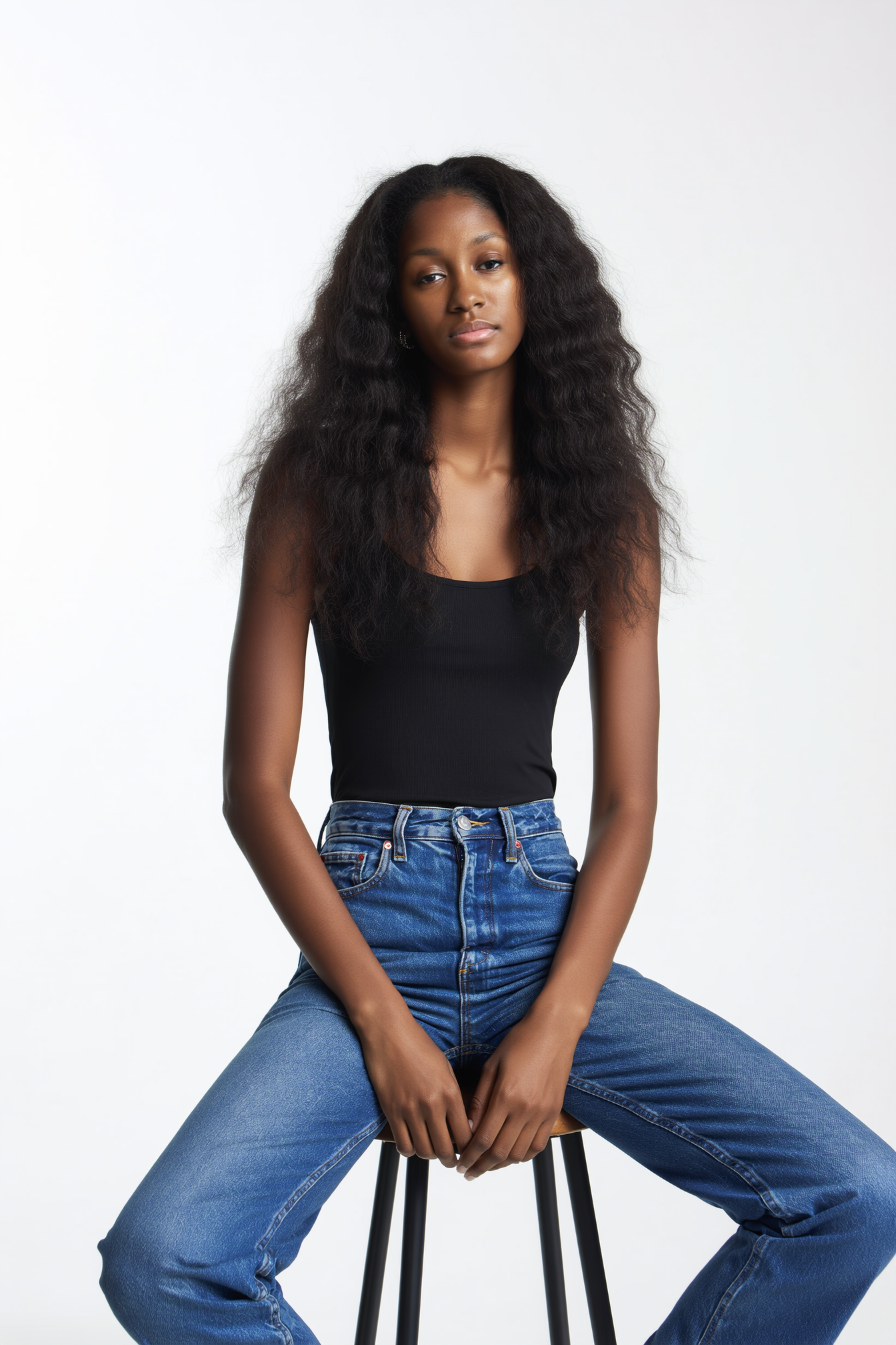 Young woman with long, curly dark hair, wearing a black sleeveless top and high-waisted blue jeans, sitting on a black stool against a plain white background.