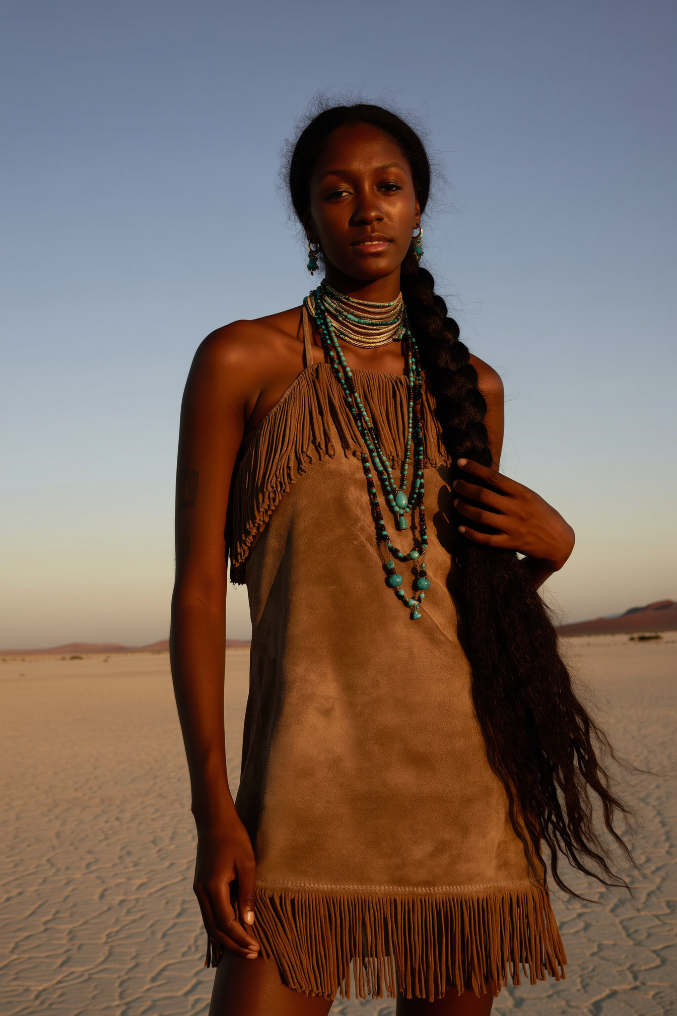 A woman with long braided hair wearing a fringed suede dress and layered turquoise jewelry stands in a desert landscape at sunset.