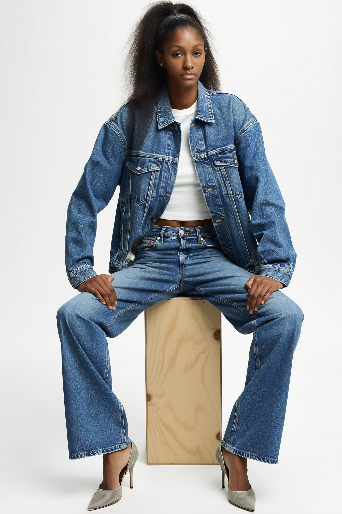 A young woman with long dark hair in a high ponytail, wearing a denim jacket, white crop top, wide-leg jeans, and high heels, sitting on a wooden block against a plain white background.
