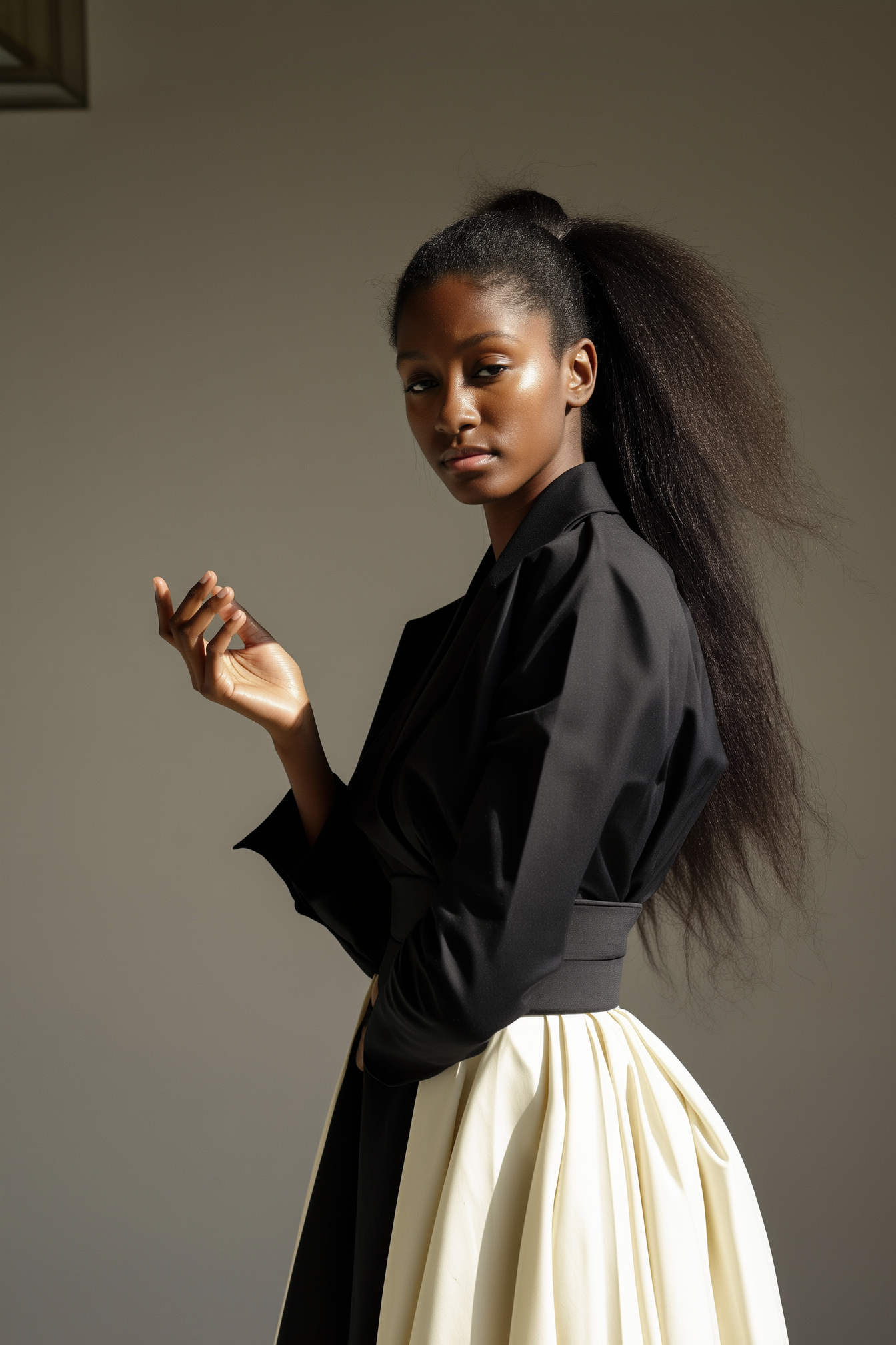 A woman with long, textured hair styled in a high ponytail, wearing a black blazer and a cream-colored pleated skirt, posing against a plain gray background.