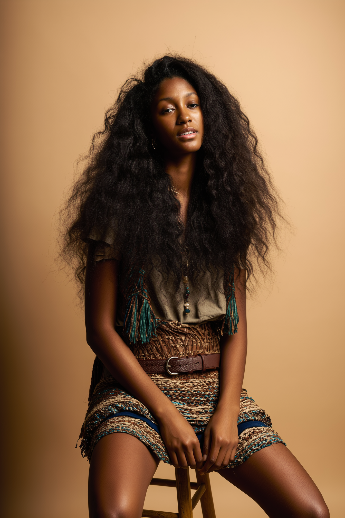 A woman with long, voluminous curly hair sitting on a wooden stool against a beige background, wearing a beige top with tassels, a patterned skirt, a brown belt, and jewelry.