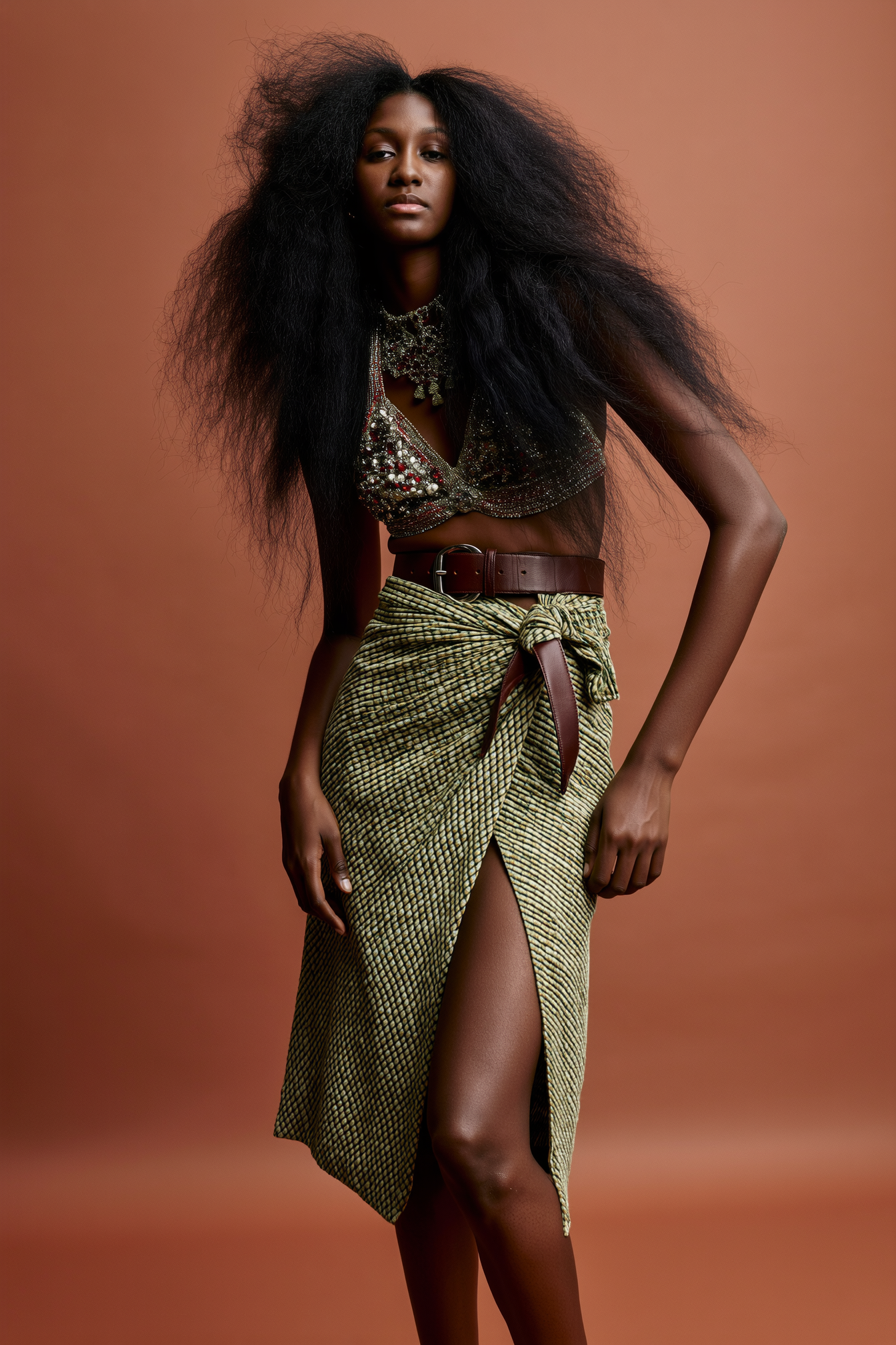 A woman with voluminous, natural black hair wearing a beaded top, a wide brown belt, and a yellow checkered skirt tied at the waist with a high slit, stands against a warm brown background.