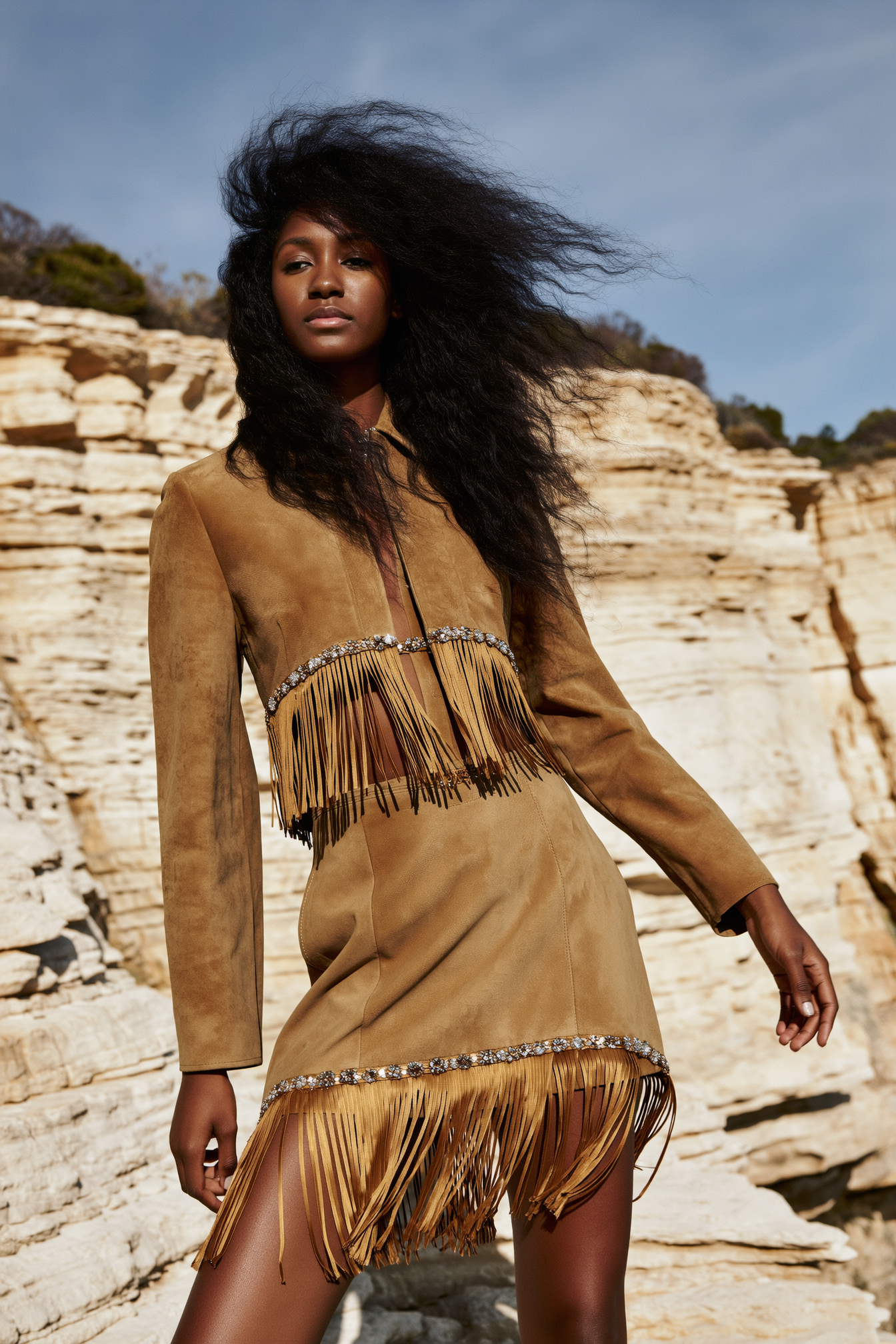 A woman with voluminous, curly black hair standing outdoors with rocky cliffs in the background, wearing a fringed suede dress with embellishments.