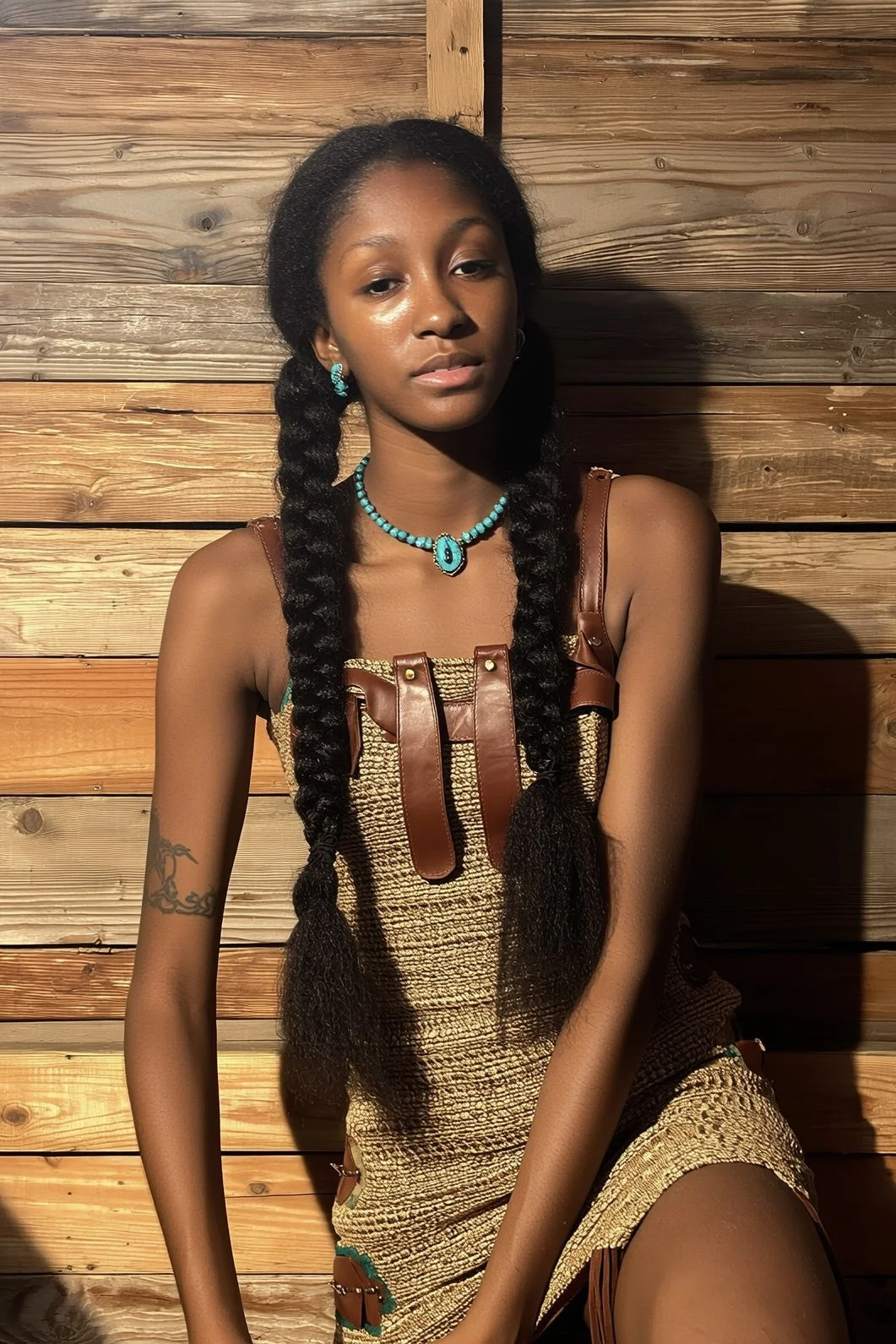 A young woman with dark skin and long braided hair standing against a wooden wall. She is wearing a patterned dress with leather straps and accessorized with a turquoise necklace and earrings. The lighting creates shadows on her face and body.