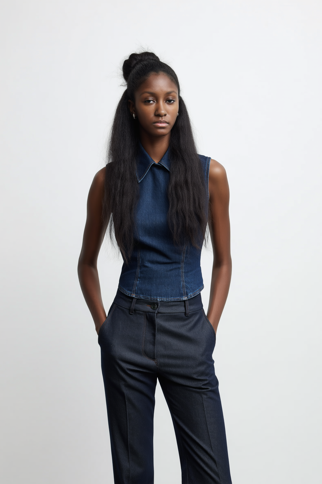 A woman with long black hair styled half-up, wearing a sleeveless denim top and dark pants, standing with hands in pockets against a plain white background.