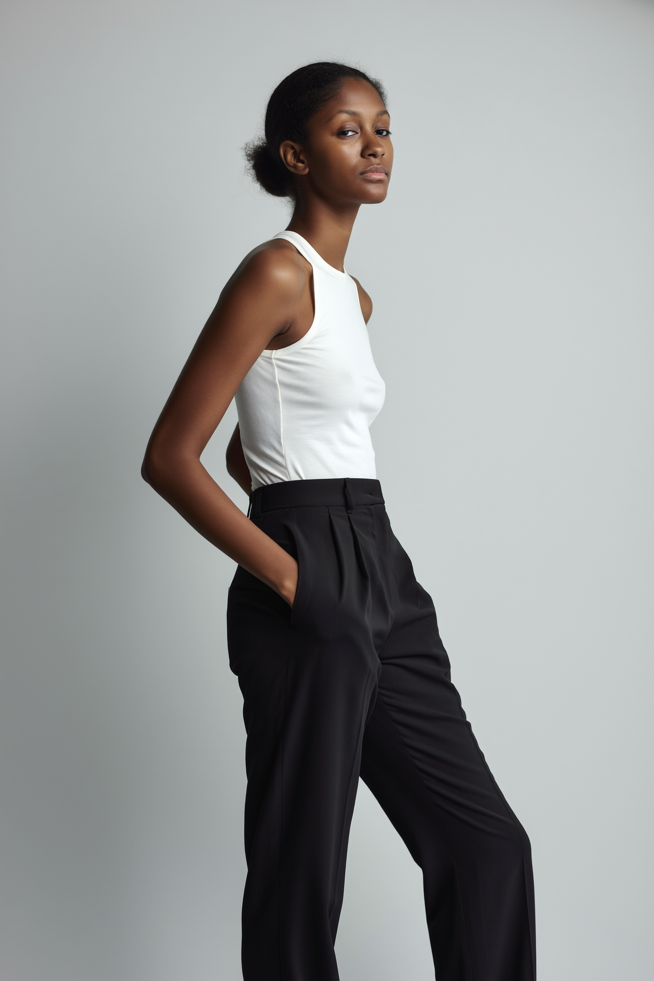 A woman with dark skin and her hair in a bun, wearing a white sleeveless top and black high-waisted trousers, standing against a plain light grey background with her hands in her pockets.