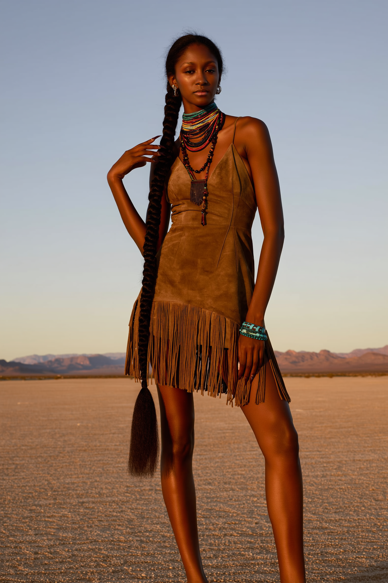 A woman with long braided hair stands in a desert at sunset, wearing a fringed suede dress and multiple beaded necklaces.