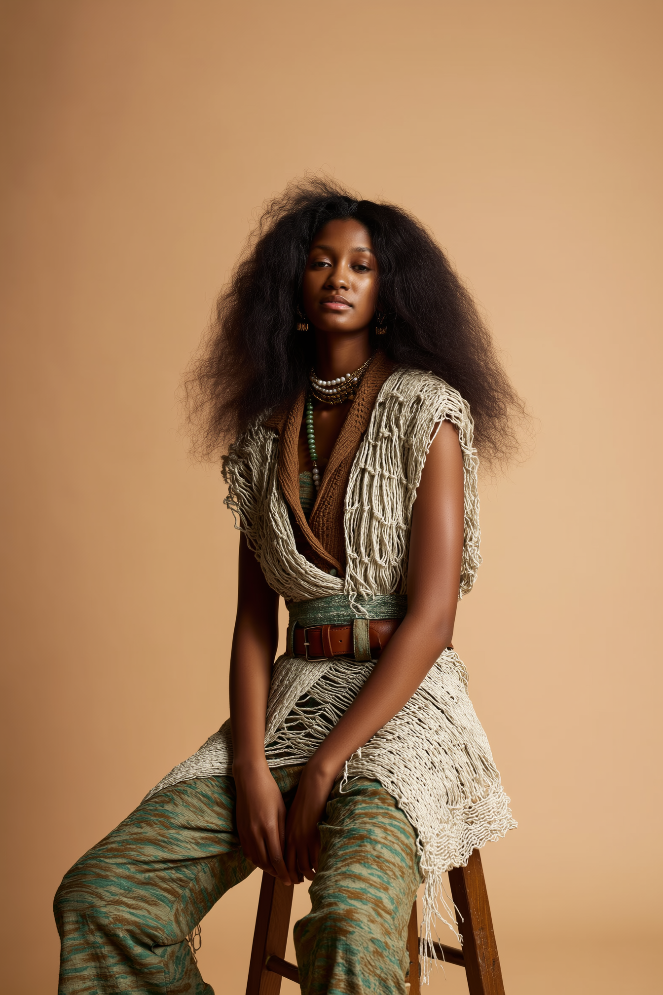 A woman with dark skin and voluminous curly hair sitting on a wooden stool against a beige background, wearing a layered bohemian outfit with textured fabrics, patterned pants, multiple necklaces, and a brown belt.