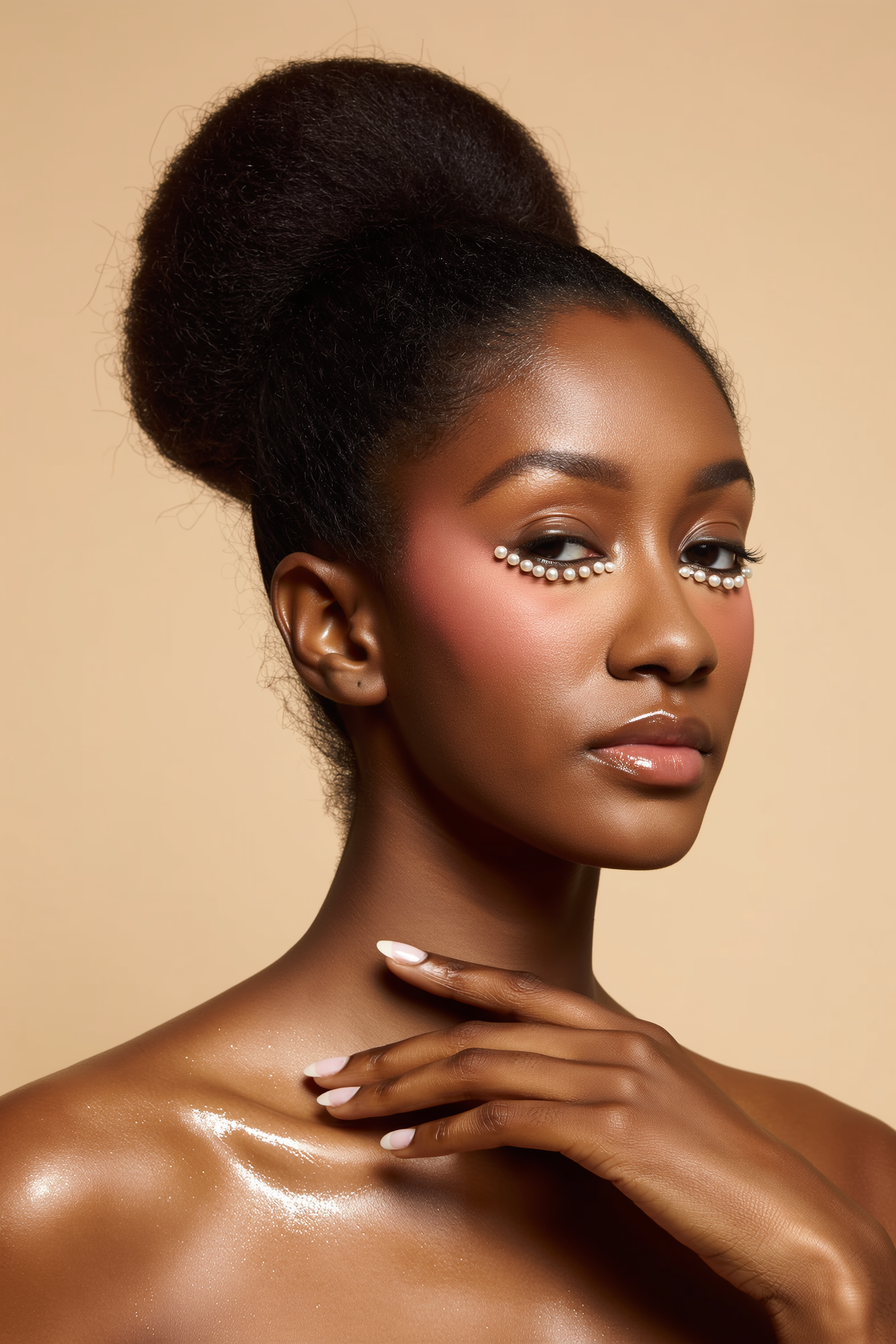 Portrait of a woman with styled hair, pearl eye decorations, and glossy makeup, posing against a neutral background.