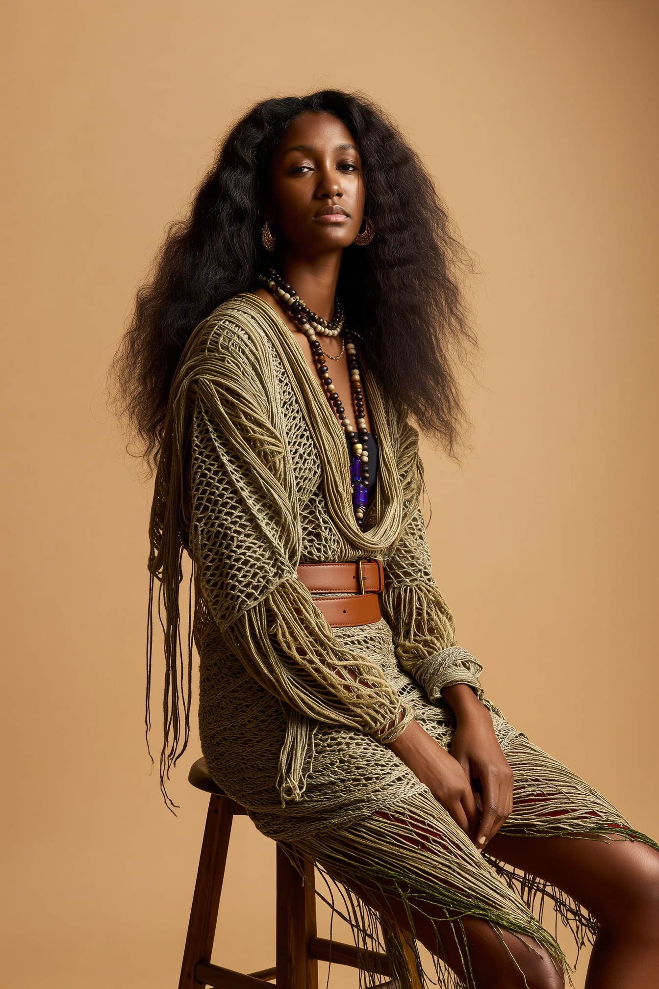 A woman with long, curly black hair is sitting on a wooden stool against a beige background, wearing a woven, fringed, off-the-shoulder dress with multicolored necklaces and earrings.