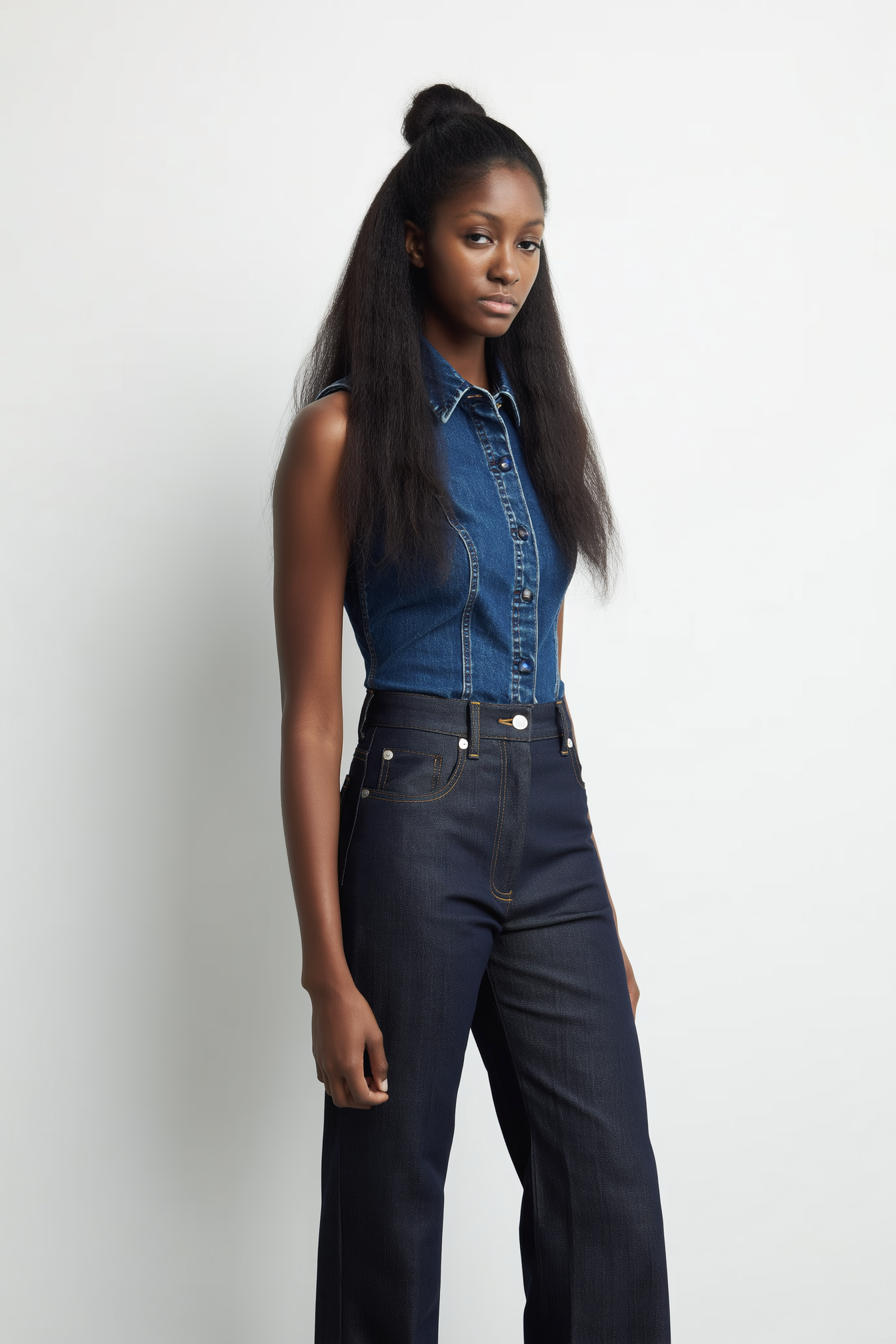 Young woman wearing a denim sleeveless shirt and dark jeans standing against a plain white background.