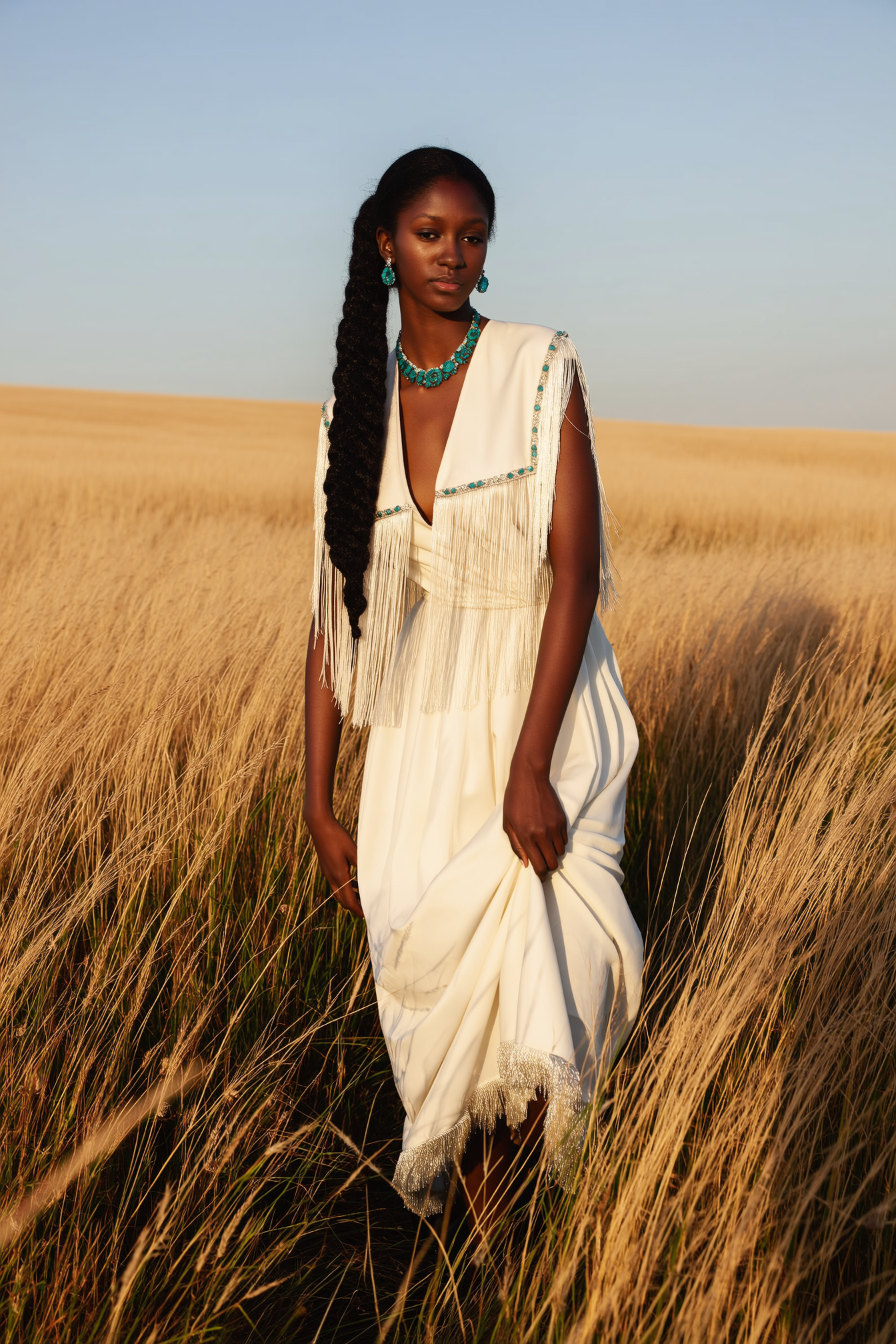 A woman wearing a white dress and turquoise jewelry standing in a field of tall beige grass at sunset.