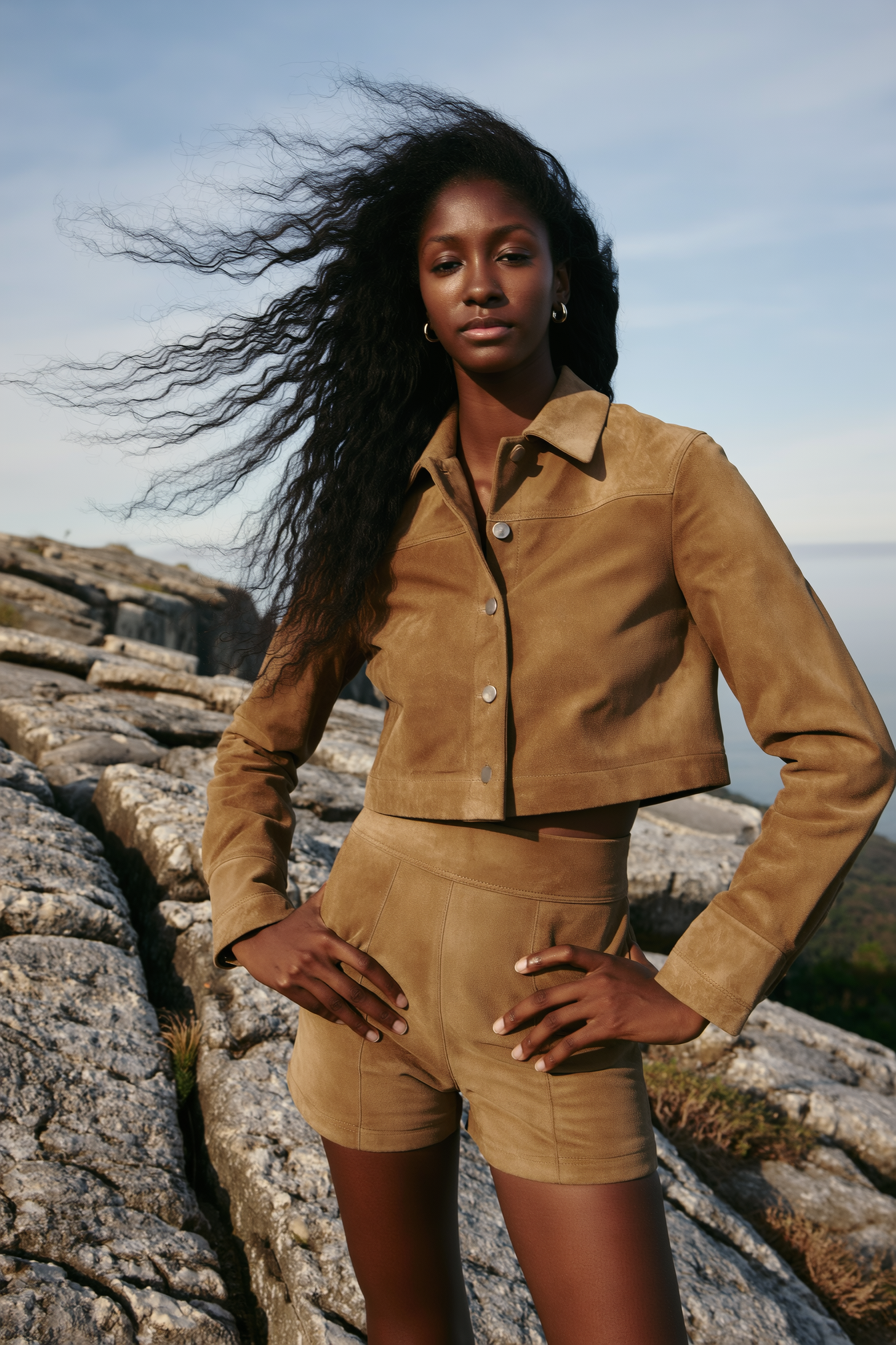 A woman with long, curly black hair wearing a tan suede cropped jacket and matching high-waisted shorts standing outdoors on rocky terrain with a cloudy sky in the background.