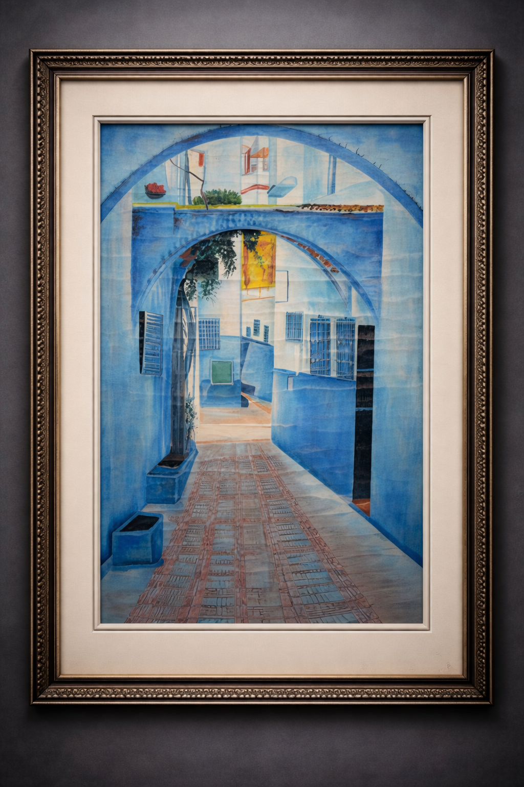 A framed painting depicting a narrow alleyway with blue walls, arches, and open windows, leading to a sunlit courtyard with a tiled floor and views of buildings and sky beyond.