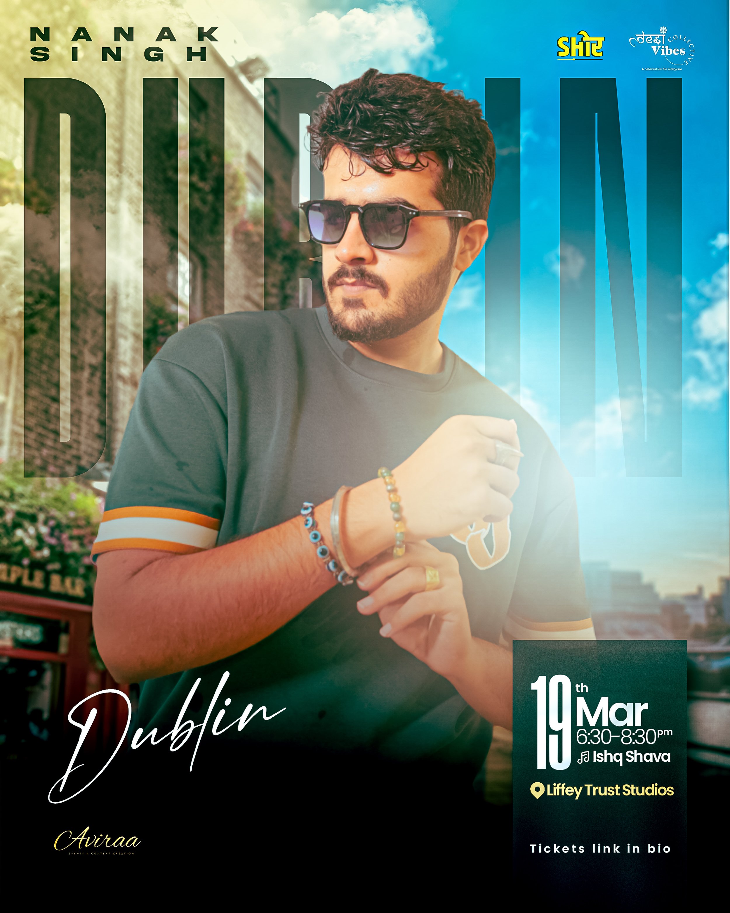 Promotional poster featuring a young man with dark, curly hair, sunglasses, and a casual dark T-shirt with orange and white trim, standing outdoors with a cityscape and blue sky in the background. The poster advertises a Dublin event on March 19th from 6:30 to 8:30 pm at Liffey Trust Studios, with tickets available via a link in the bio.