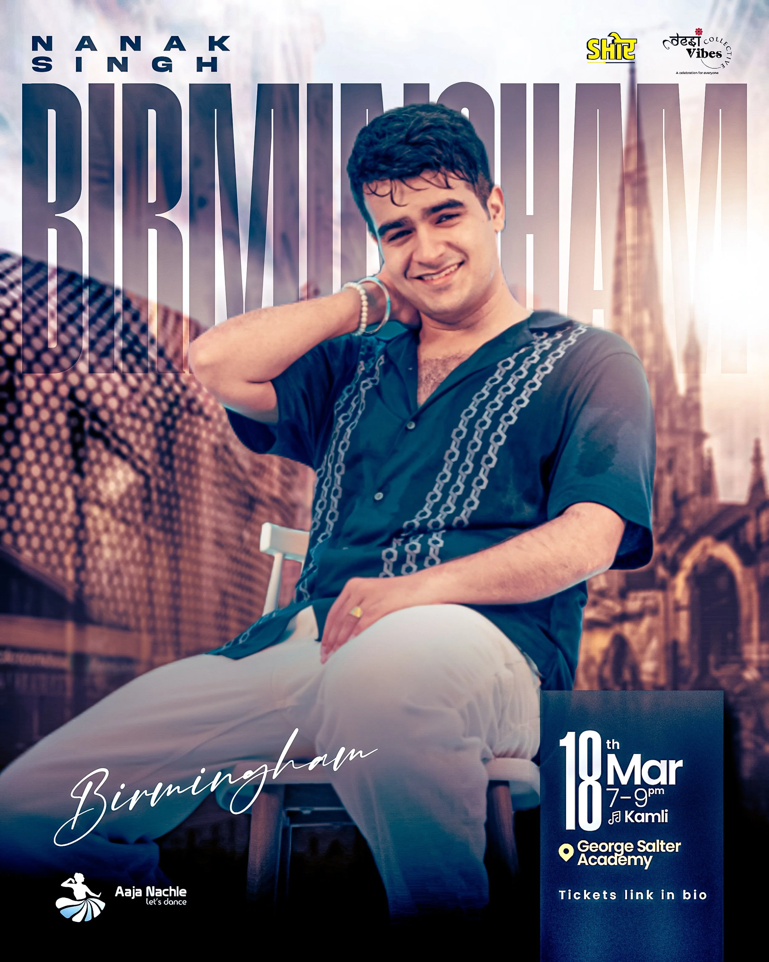 Promotional poster featuring a smiling young man with dark hair in a blue shirt with chain patterns, seated against a backdrop of Birmingham, England, with text overlay about an event on March 18th at George Salter Academy.