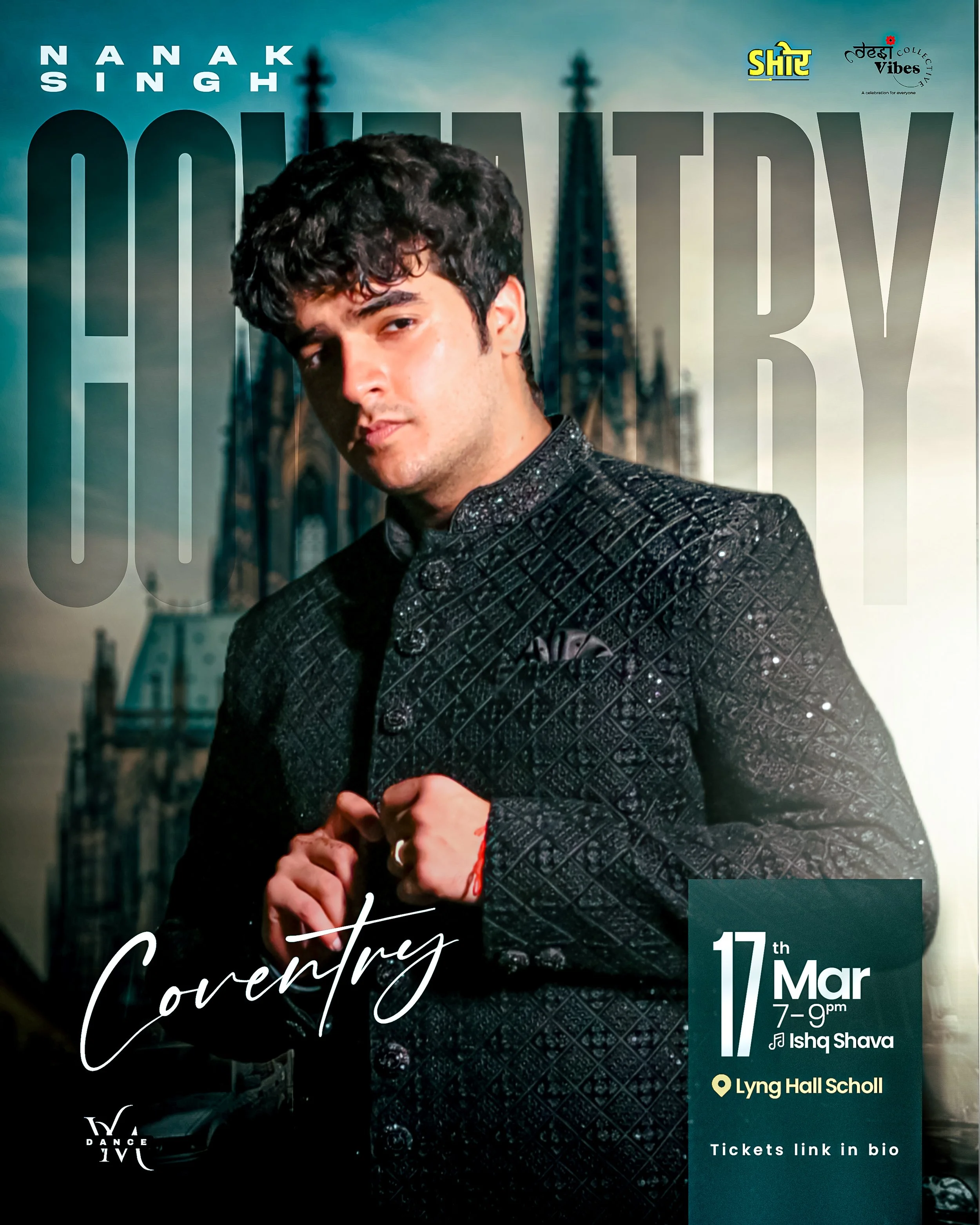 Promotional poster featuring a man in a black traditional jacket, posing in front of a church, announcing a country music event on March 17th at Lyng Hall Scholl, with details about tickets and performer Ishq Shava.