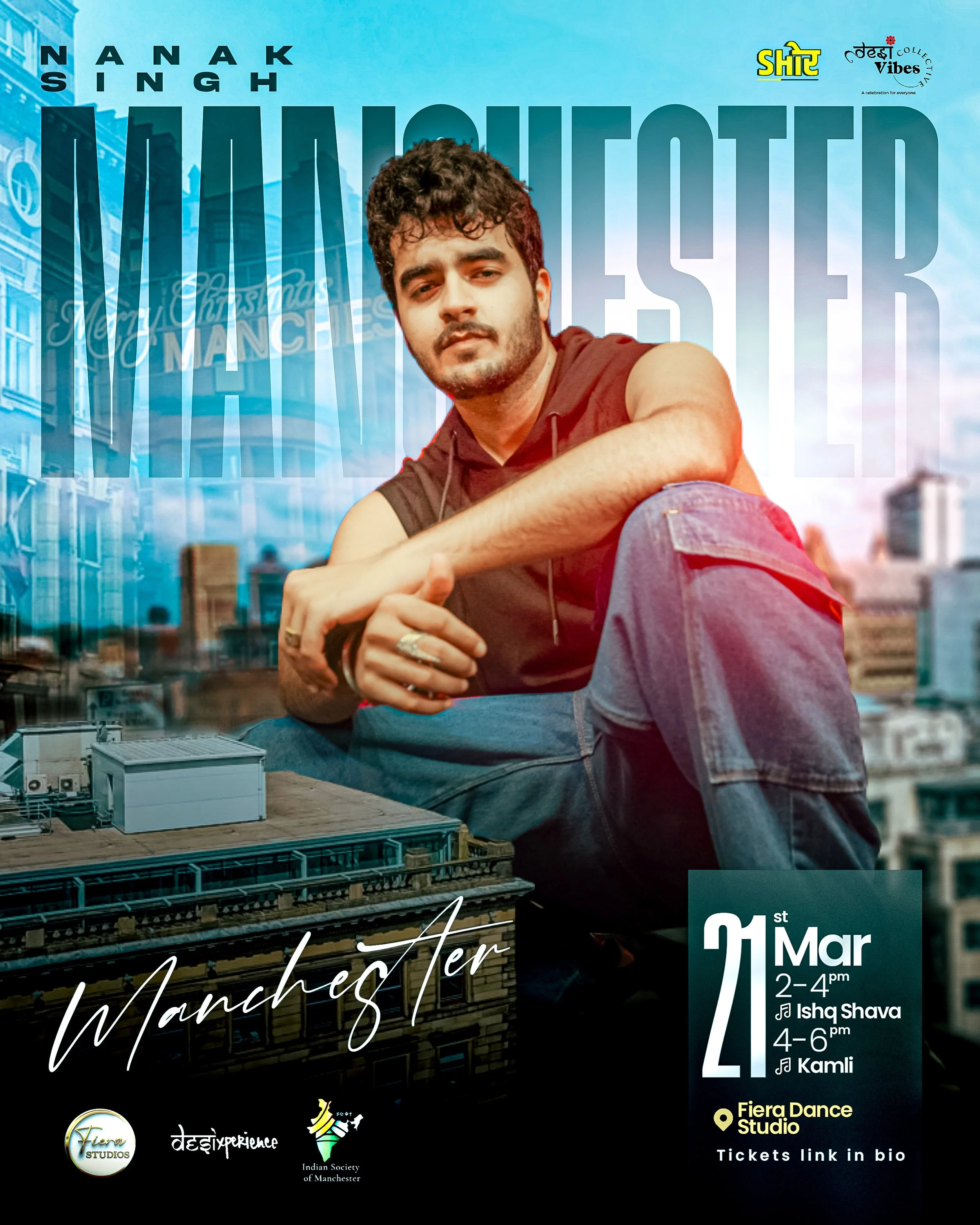 Promotional poster for an event featuring a young man sitting on a city rooftop with a cityscape in the background. The poster includes details such as date, time, location, and ticket information.