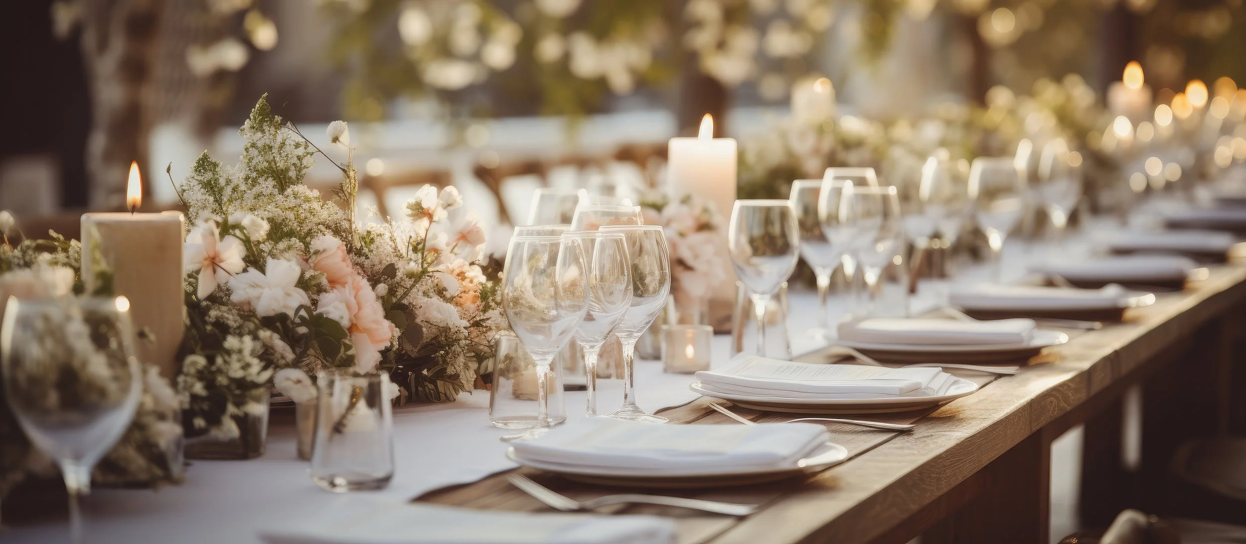 A beautifully set outdoor dining table with floral centerpieces, lit candles, wine glasses, plates, and napkins, perfect for a wedding or special event.