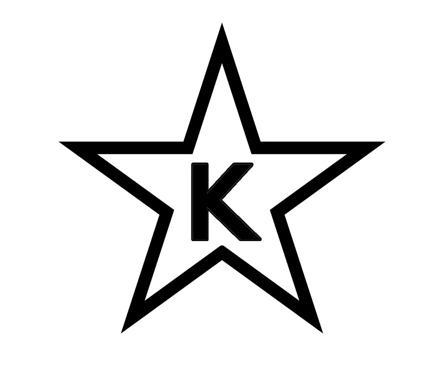 Black outlined star with the letter K inside in black.