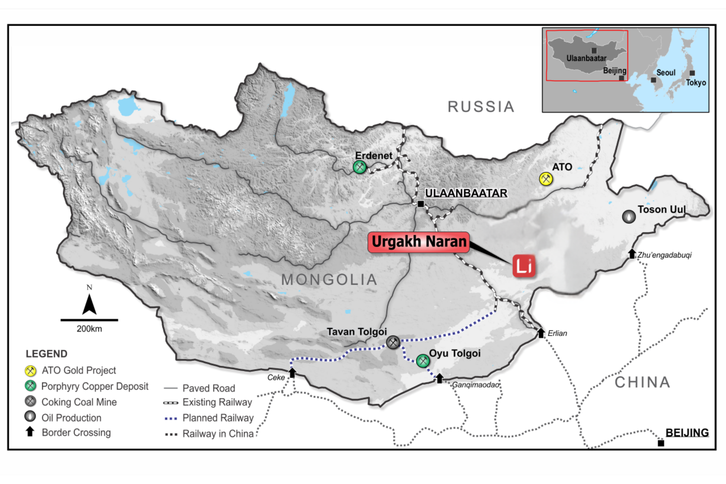 Map of Mongolia highlighting the Ulaanbaatar region, showing natural resources such as a porphyry copper deposit and a coking coal mine, with planned and existing railway routes, border crossings, and locations of oil production, and inset map of Mongolia's location in Asia.