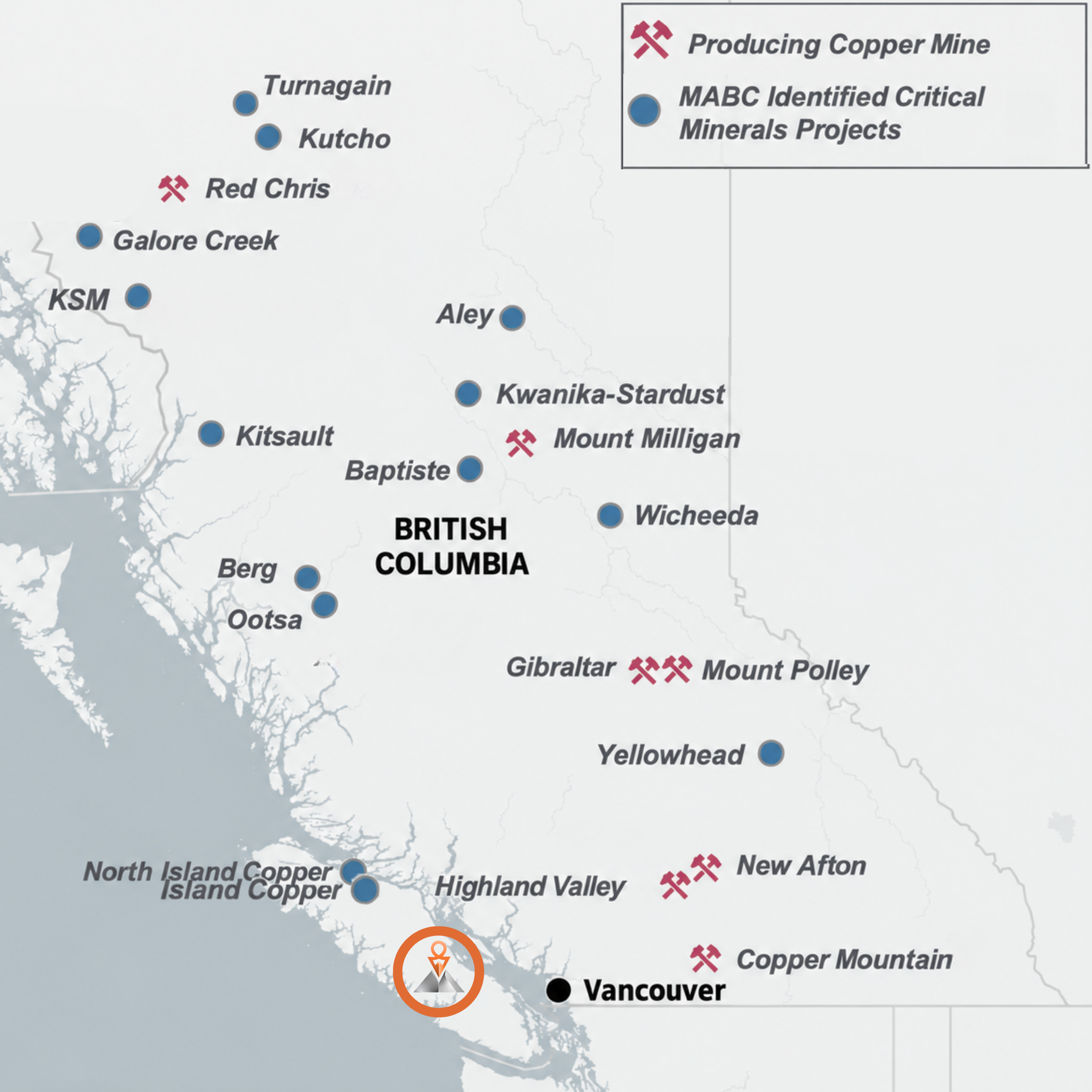 Map showing the Island Range Project with locations labeled of nearby mines in BC