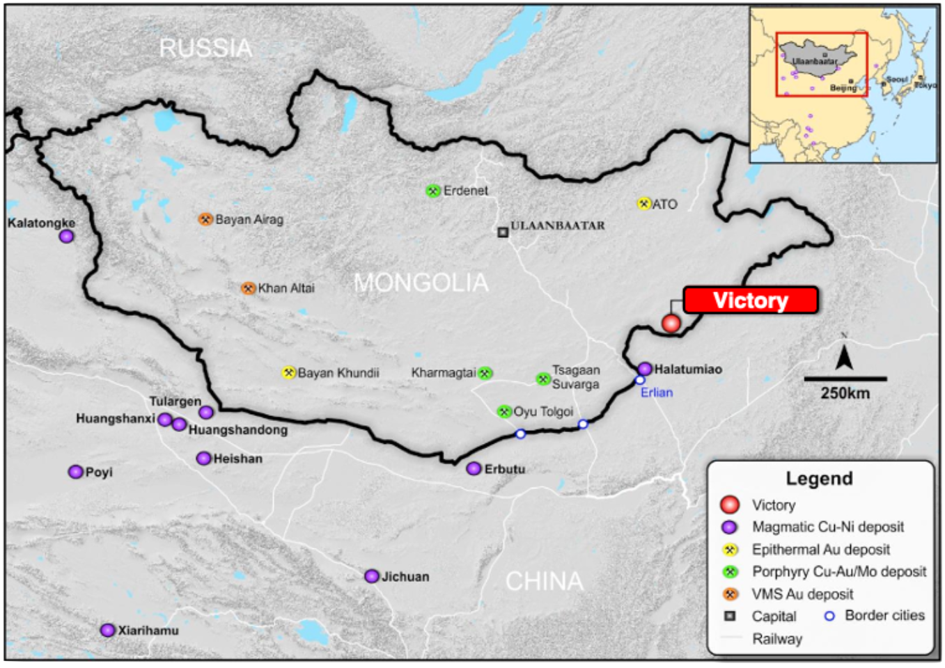 Map of Mongolia highlighting the Ulaanbaatar region, showing natural resources such as a porphyry copper deposit and a coking coal mine, with planned and existing railway routes, border crossings, and locations of oil production, and inset map of Mon