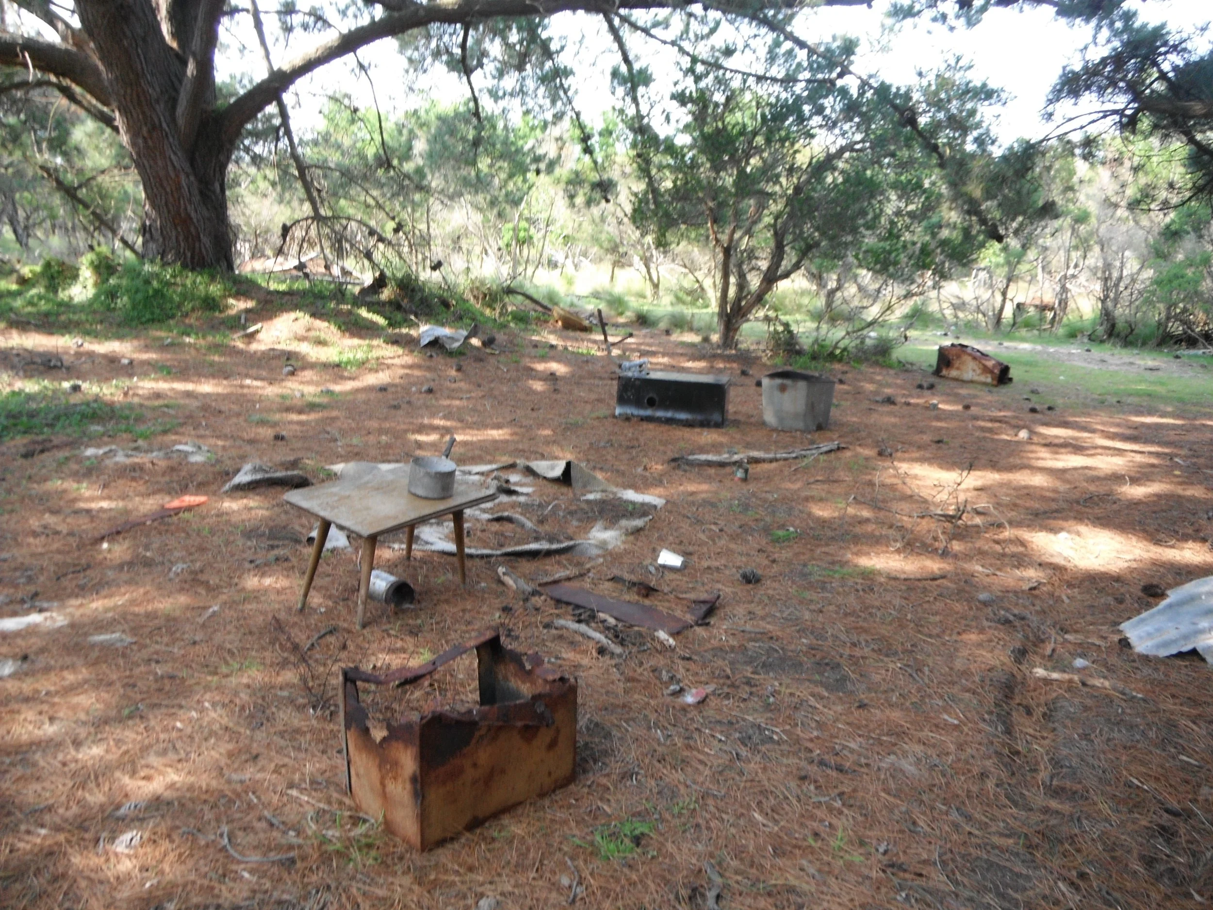 A shaded area with several trees and scattered garbage, including metal containers, paper, and debris on the ground.