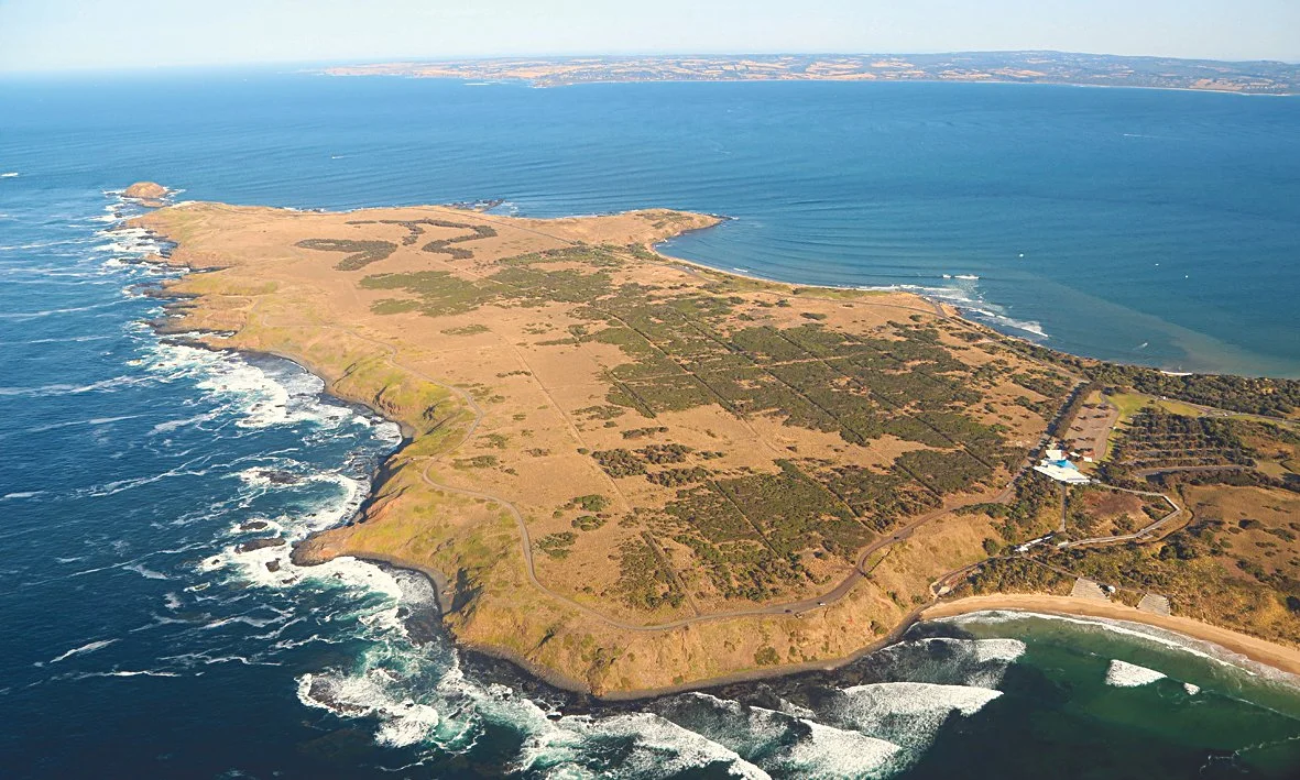 Aerial view of a coastal peninsula with cliffs and a beach, surrounded by ocean and water bodies, some buildings and roads visible on land.