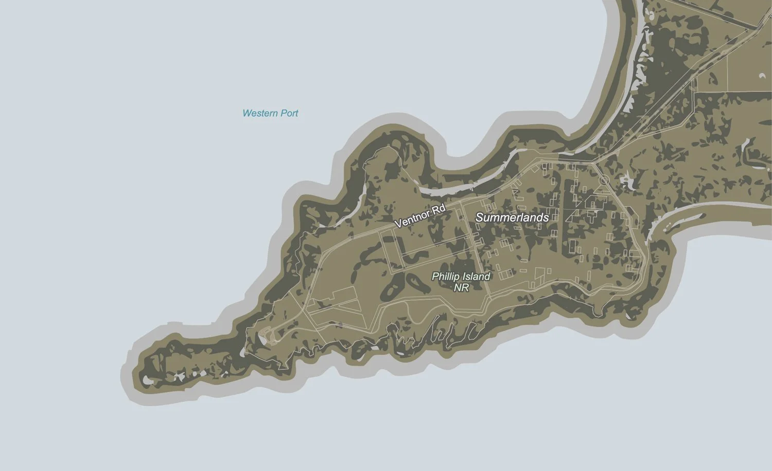 Map of Phillip Island showing Western Port, Ventnor Road and Summerlands.