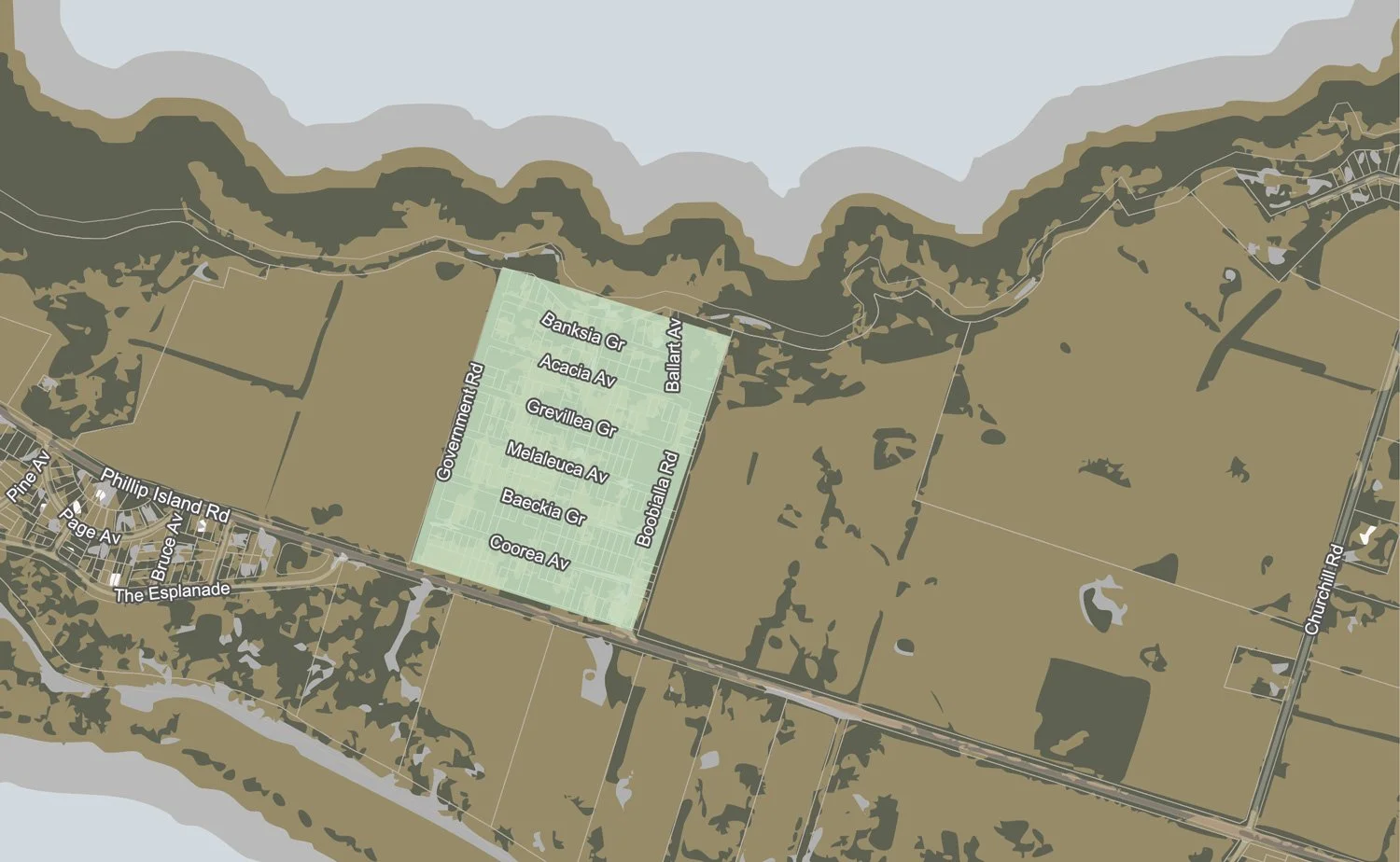 Map showing a residential area along with surrounding roads and natural landscape