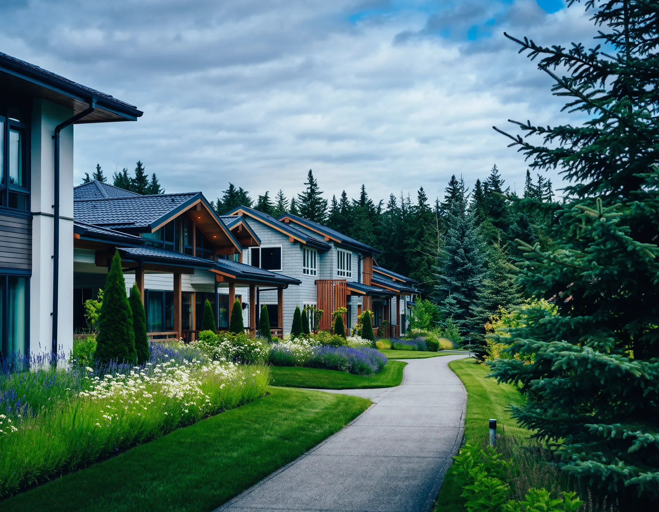 A suburban neighborhood with modern houses, well-maintained lawns, colorful flower beds, tall evergreen trees, and a curved concrete sidewalk under a cloudy sky.