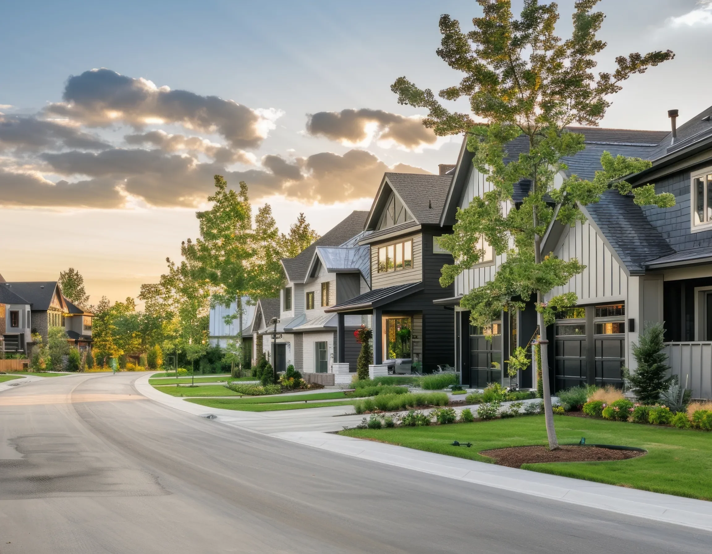A suburban neighborhood at sunset with modern houses, trees, a curved street, and a partly cloudy sky.