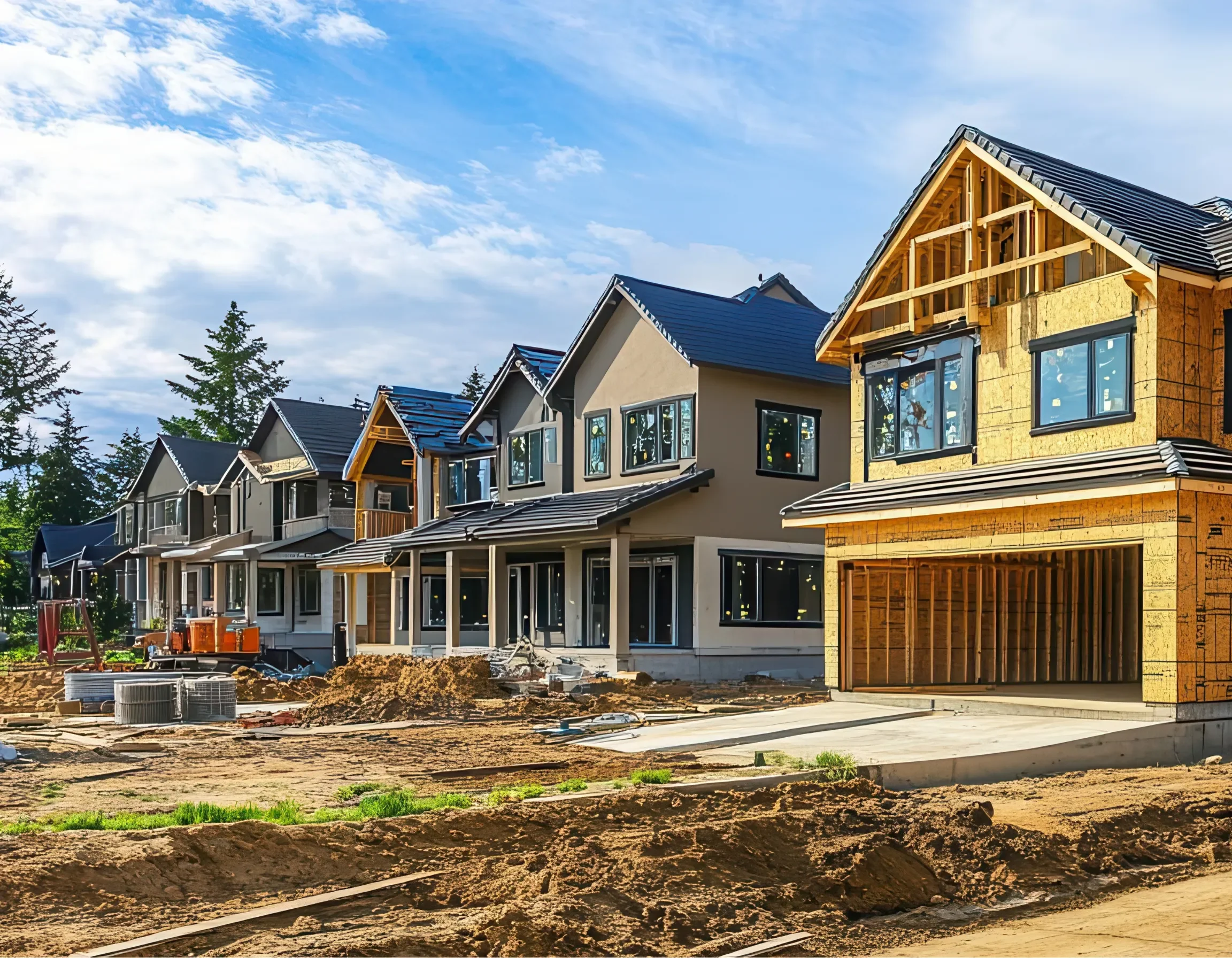 Row of modern houses under construction with partly finished exteriors, some with yellow insulation and wooden framework, and others with completed dark roofs and large windows, under a partly cloudy sky.