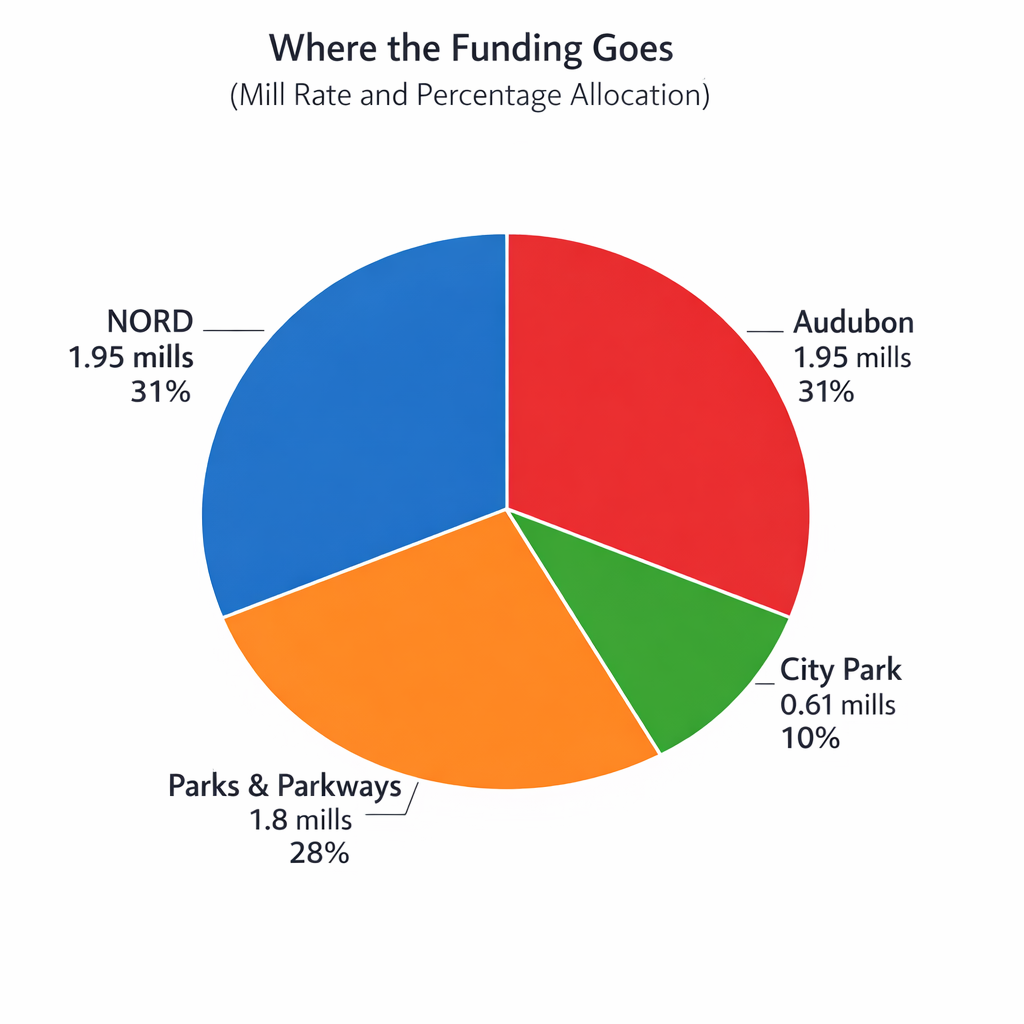 Pie chart titled 'Where the Funding Goes' showing the allocation of funds to NORD, Audubon, City Park, and Parks & Parkway, with corresponding amounts in mills and percentages.