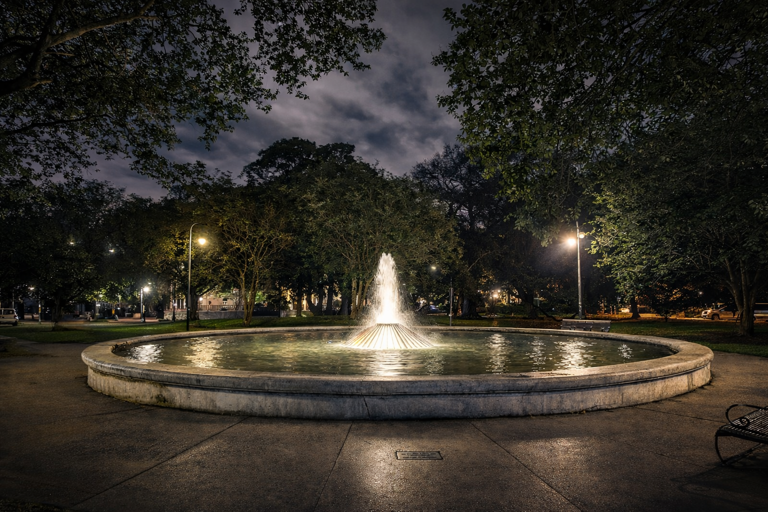 Nighttime scene of a park with a central illuminated fountain, surrounded by trees and street lamps, under cloudy sky.