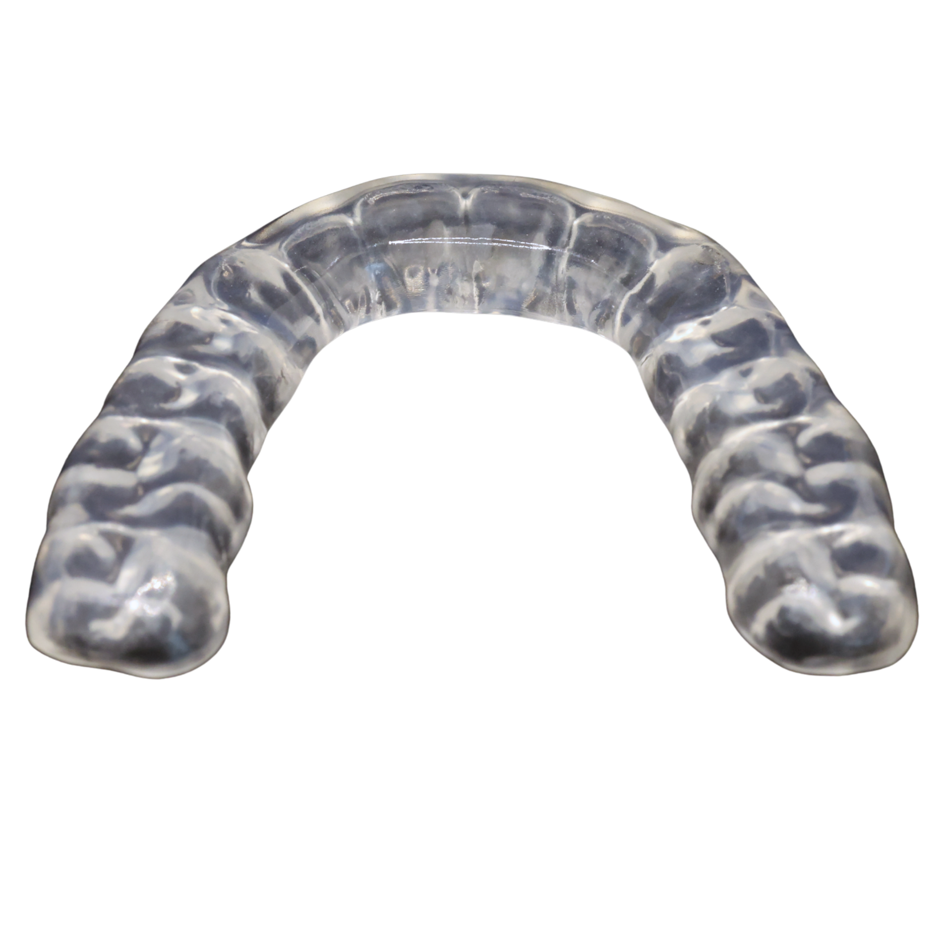 Clear dental night guard mold with a curved, semi-circular shape on a black background.
