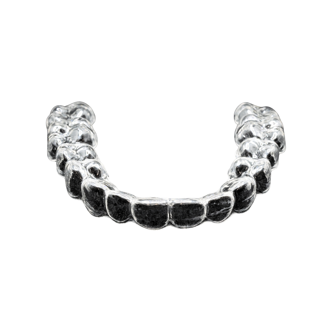 A clear, transparent orthodontic mouthguard with black interior, shaped to fit over teeth.